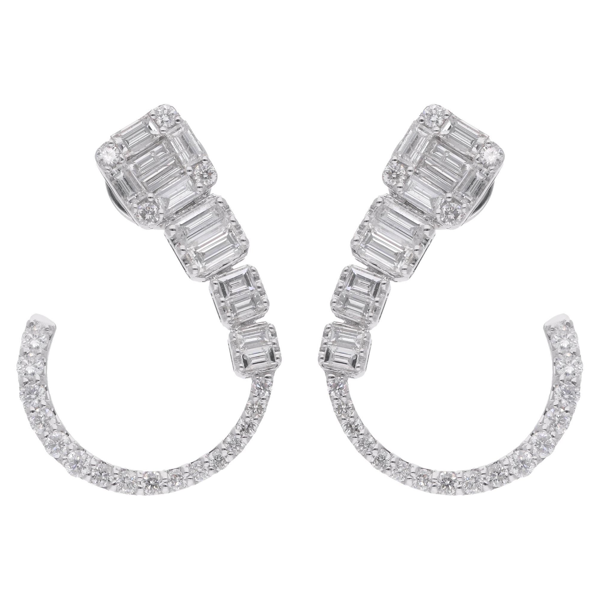 Pendientes de aro de diamante redondo baguette de 1,85 quilates Oro blanco de 14 quilates Joyería fina