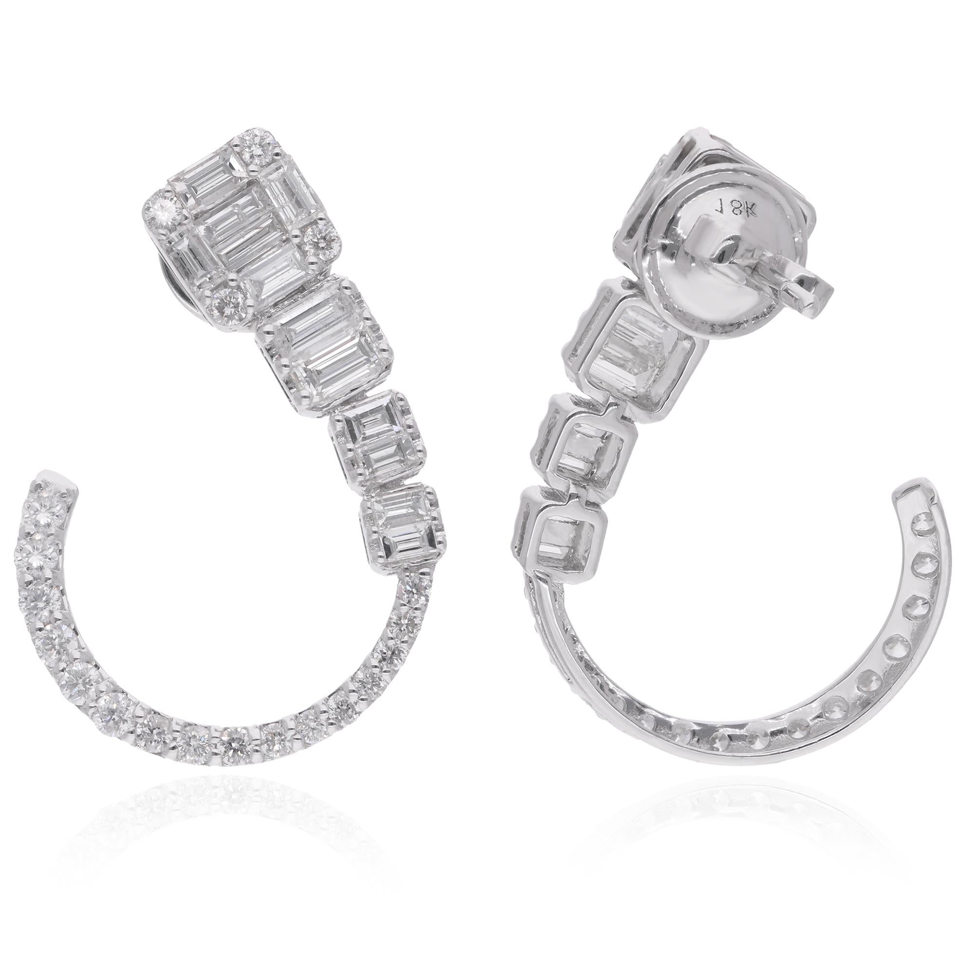 Elevate your style with the sophisticated allure of these 1.85 Carat Baguette Round Diamond Hoop Earrings, meticulously crafted in 18 karat white gold to adorn your ears with timeless elegance and brilliance. Each earring features a captivating