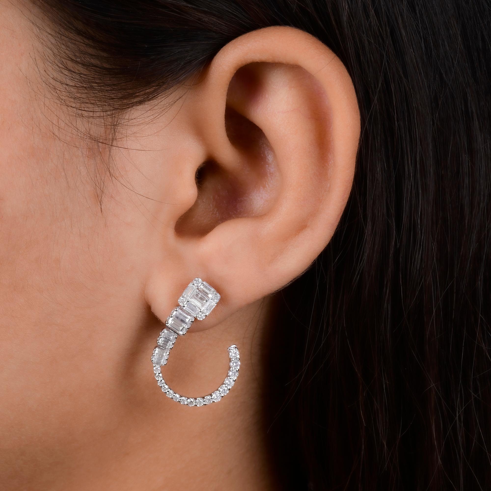 Modern 1.85 Carat Baguette Round Diamond Hoop Earrings 18 Karat White Gold Fine Jewelry For Sale