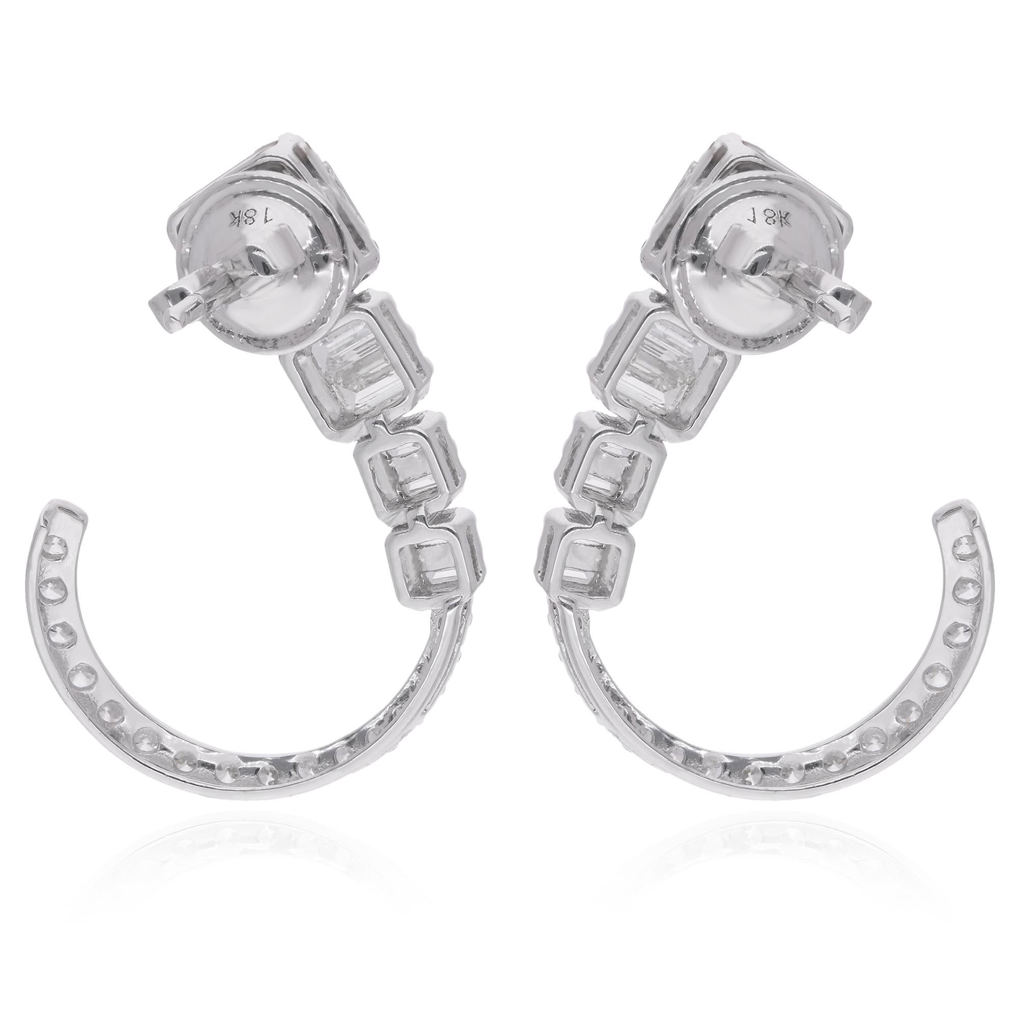 Women's 1.85 Carat Baguette Round Diamond Hoop Earrings 18 Karat White Gold Fine Jewelry For Sale