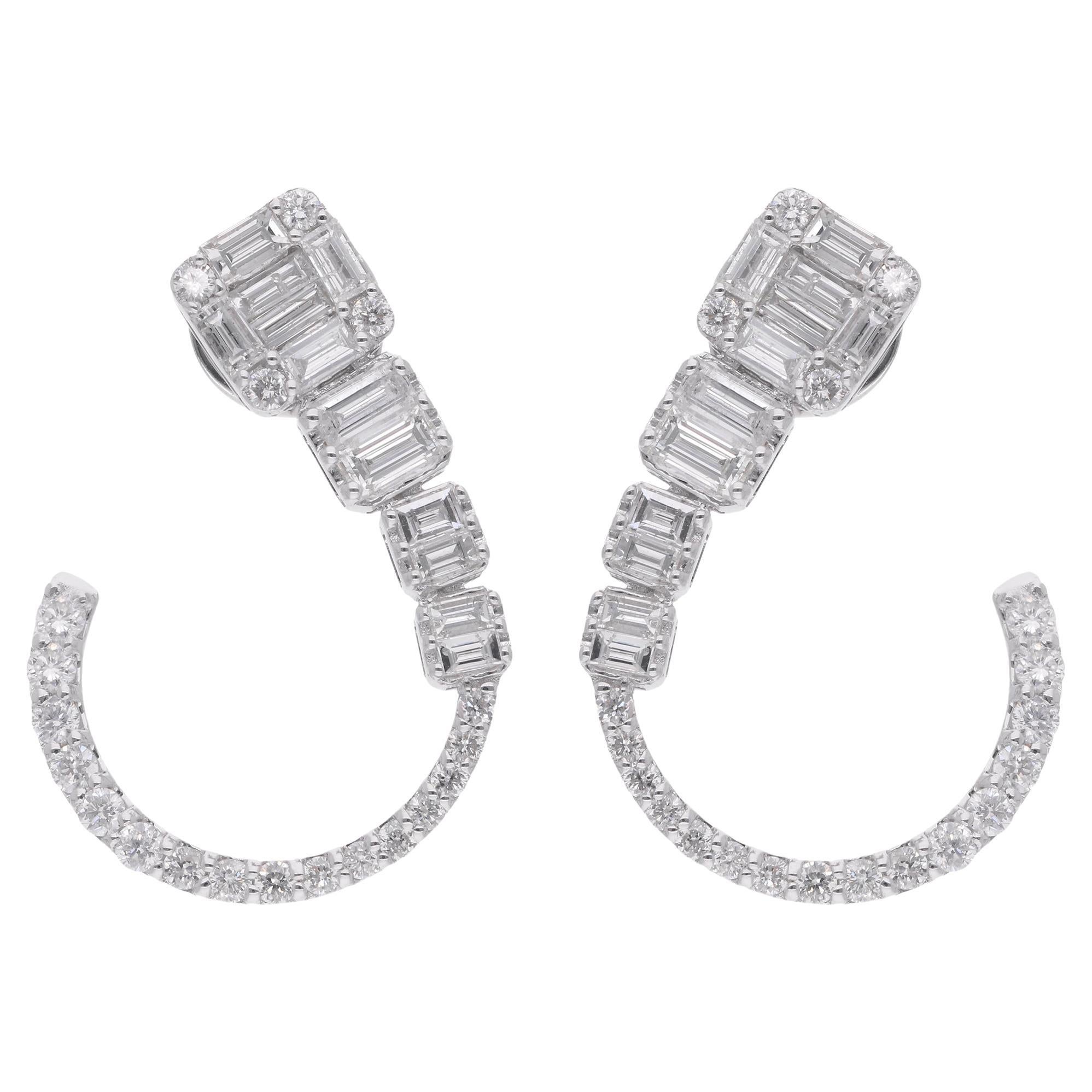 1.85 Carat Baguette Round Diamond Hoop Earrings 18 Karat White Gold Fine Jewelry