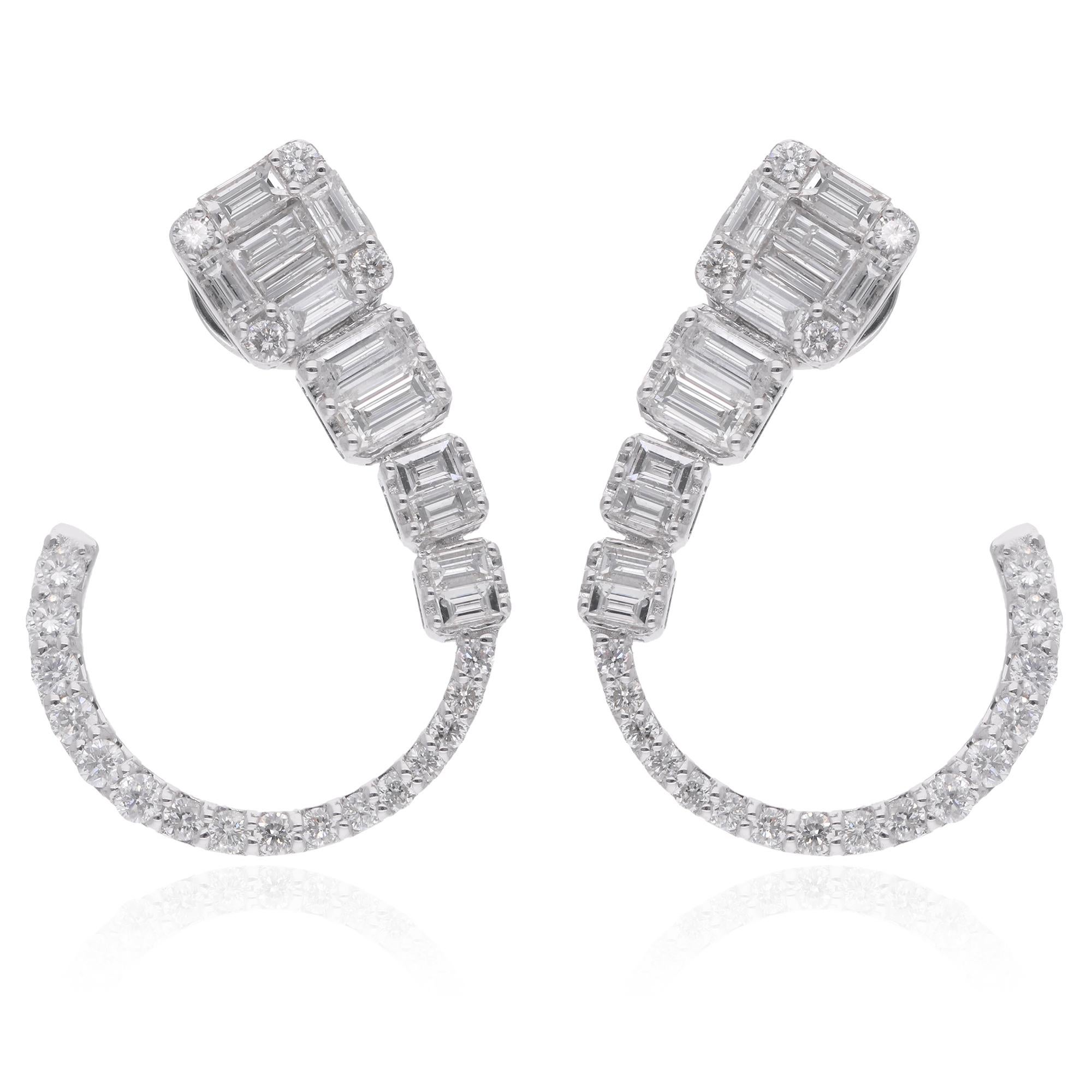 Orecchini a cerchio con diamante tondo baguette da 1,85 carati Oro bianco 18 carati Gioielli di pregio