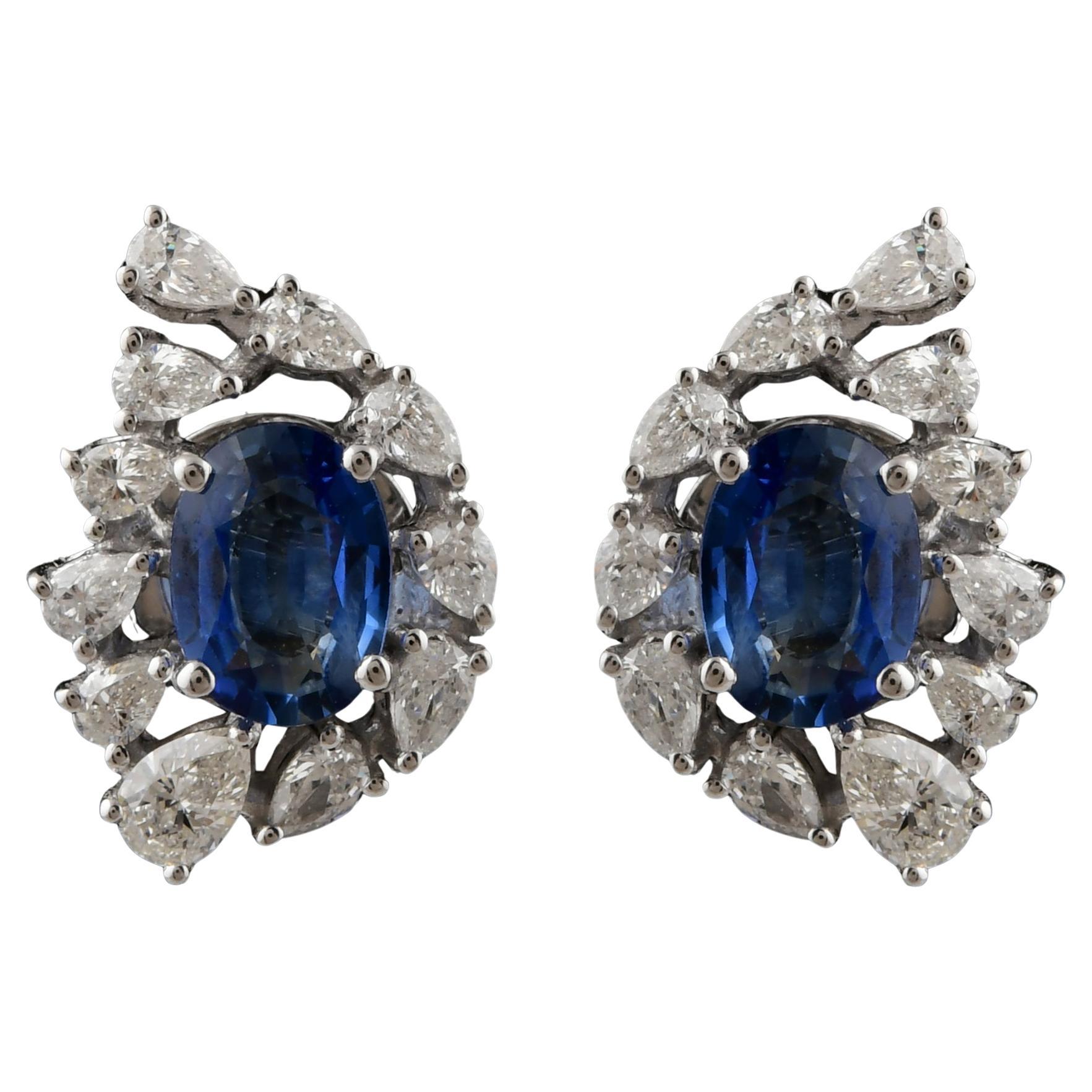 1.85 Carat Blue Sapphire 0.86 Carat SI/H Diamond Earrings 18 Karat White Gold