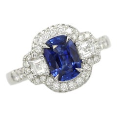 1.85 Carat Blue Sapphire and Trapezoid Diamonds Platinum Statement Sapphire Ring