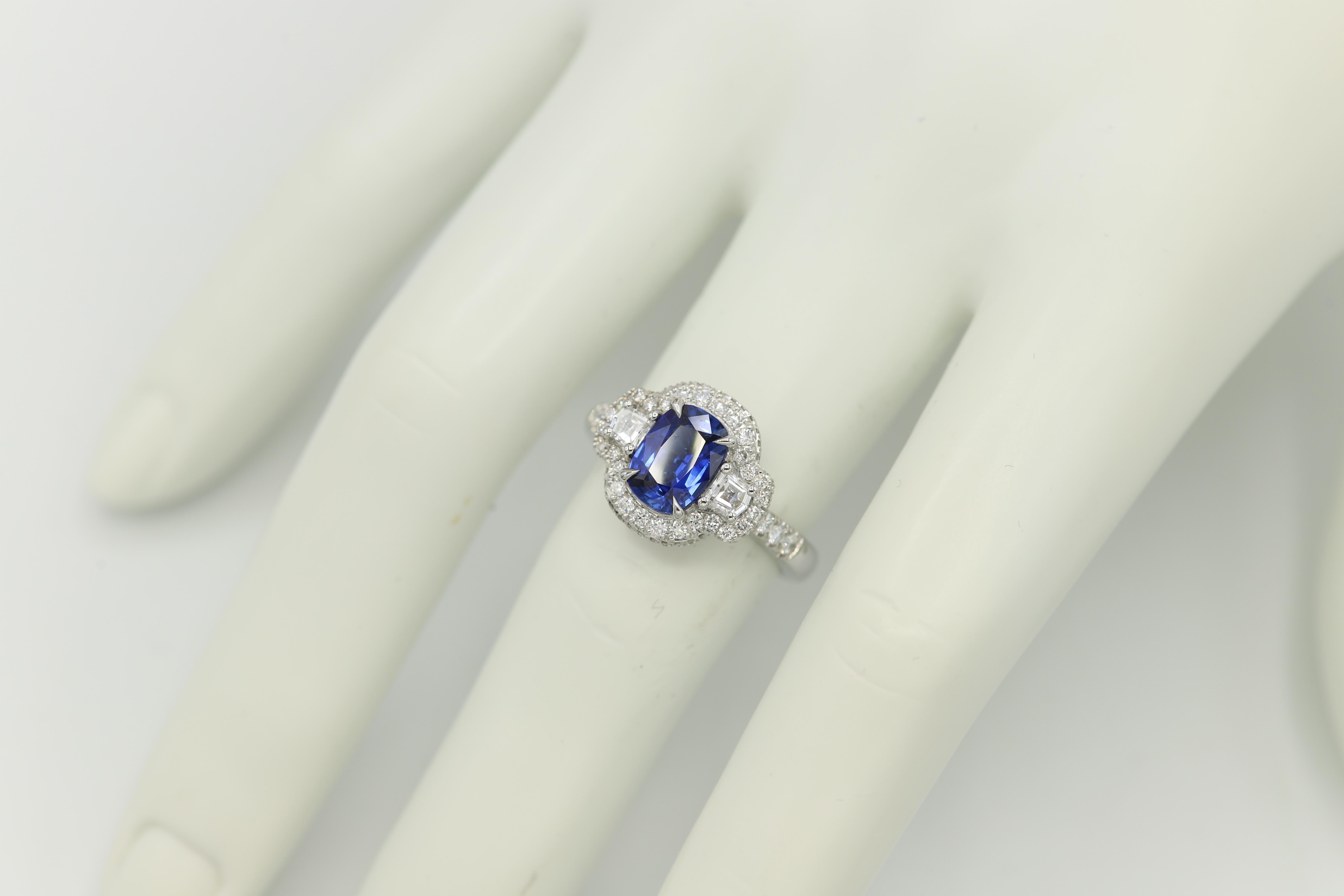 Cushion Cut 1.85 Carat Blue Sapphire and Trapezoid Diamonds Platinum Statement Sapphire Ring