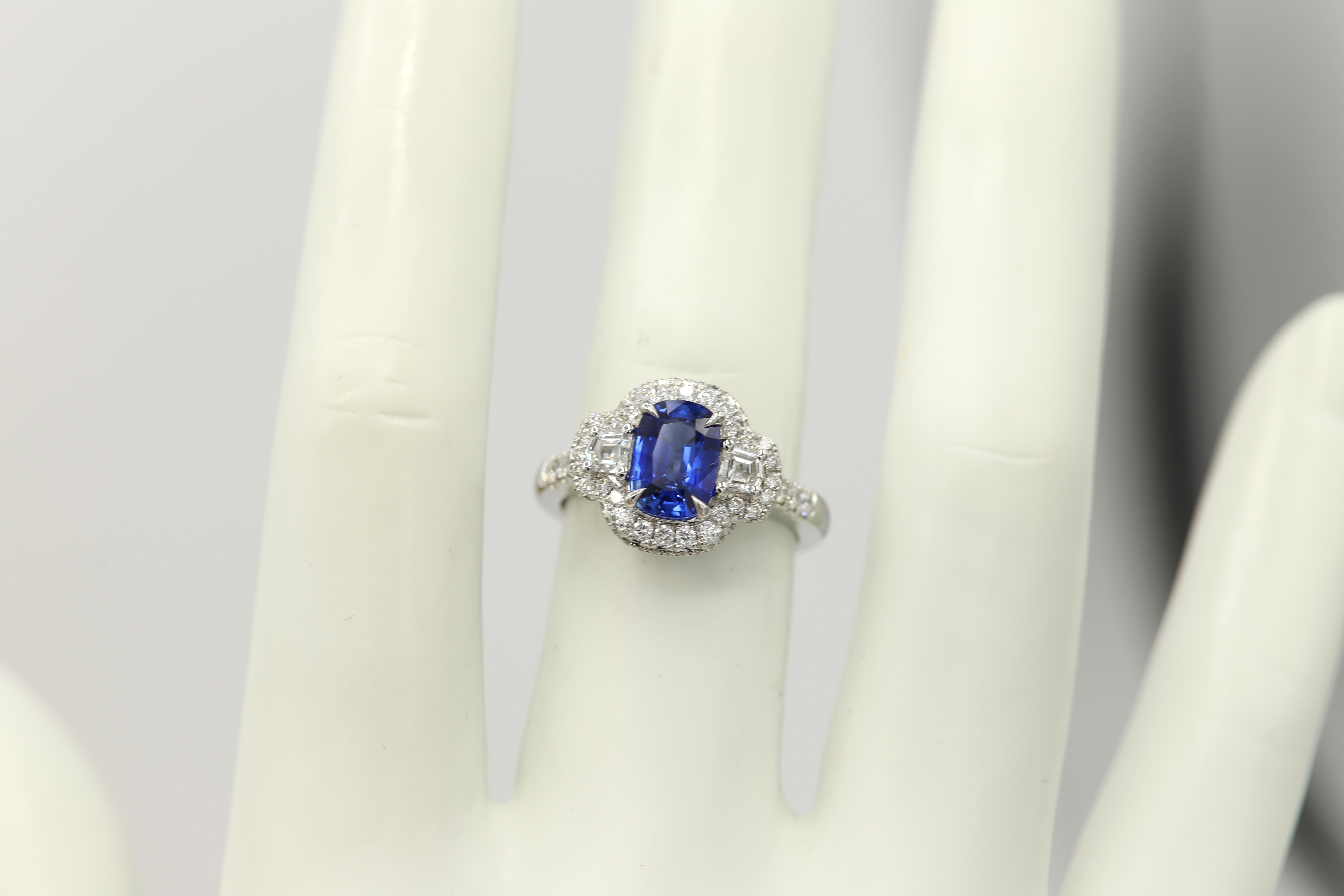 Women's 1.85 Carat Blue Sapphire and Trapezoid Diamonds Platinum Statement Sapphire Ring