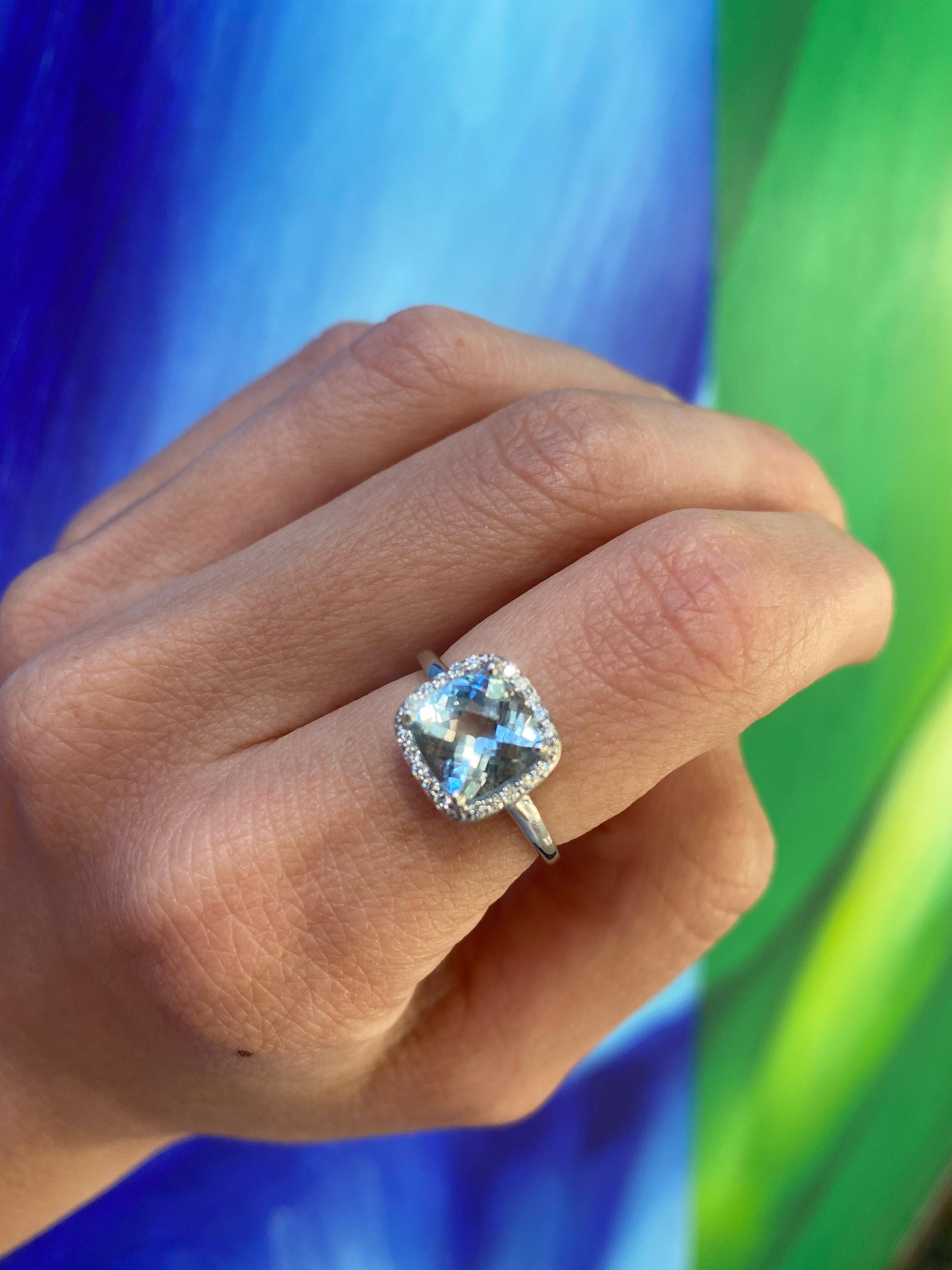 1.85 Carat Cushion Aquamarine & 0.13ctw Diamond Halo 14 Karat White Gold Ring In New Condition In Houston, TX