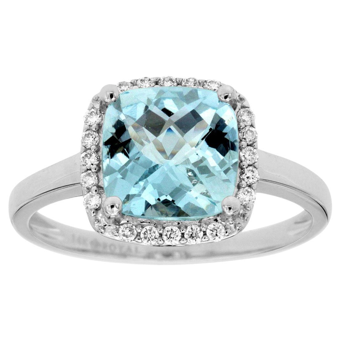 1.85 Carat Cushion Aquamarine & 0.13ctw Diamond Halo 14 Karat White Gold Ring