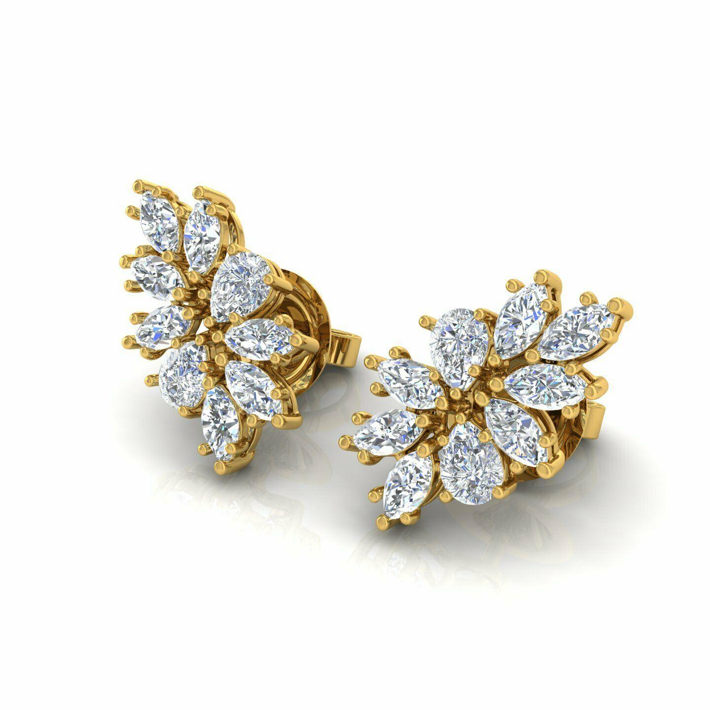 Mixed Cut 1.85 Carat Diamond 14 Karat Gold Cluster Stud Earrings For Sale