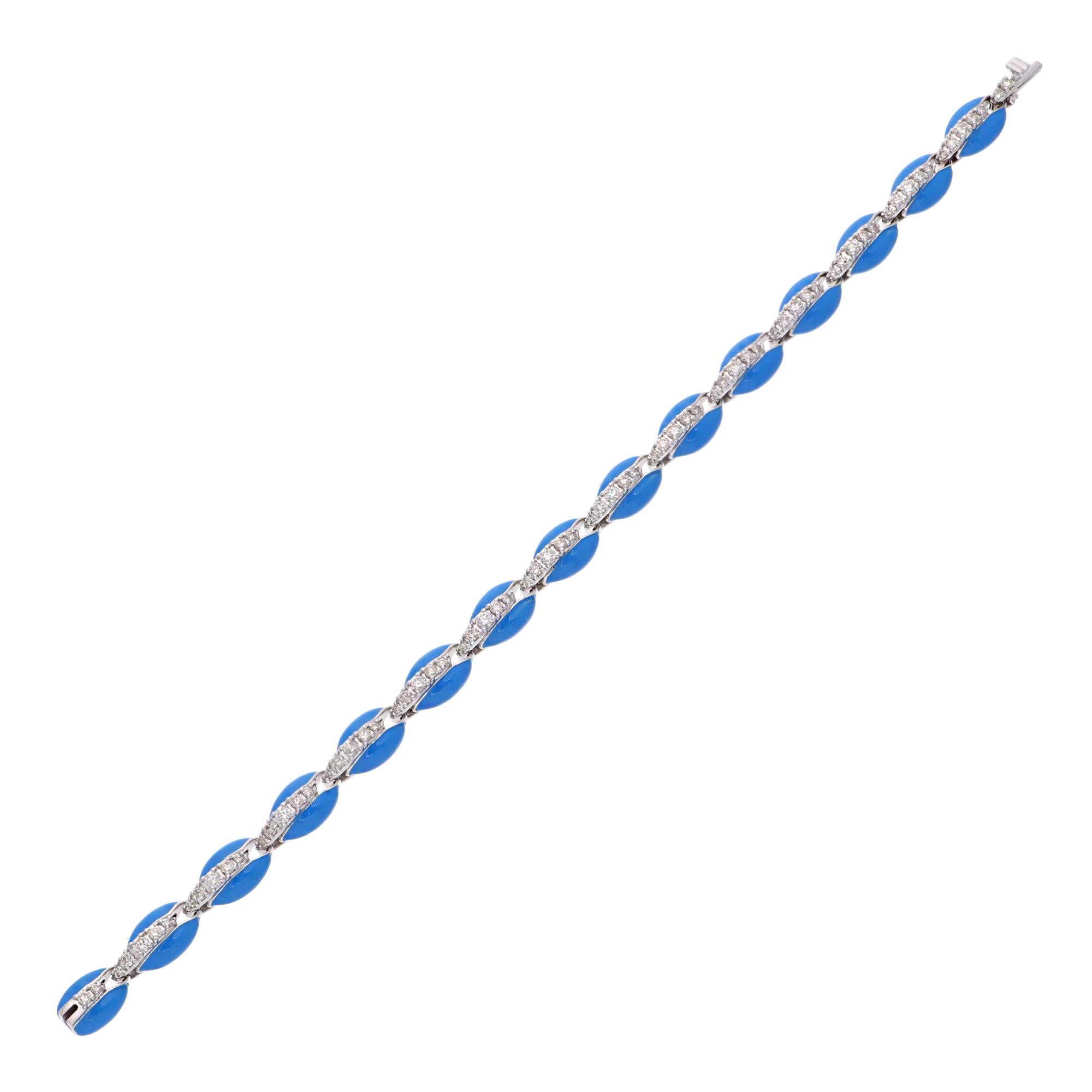 Modern 1.85 Carat Diamond Blue Enamel Cowrie Shell Bracelet 10 Karat White Gold Jewelry For Sale