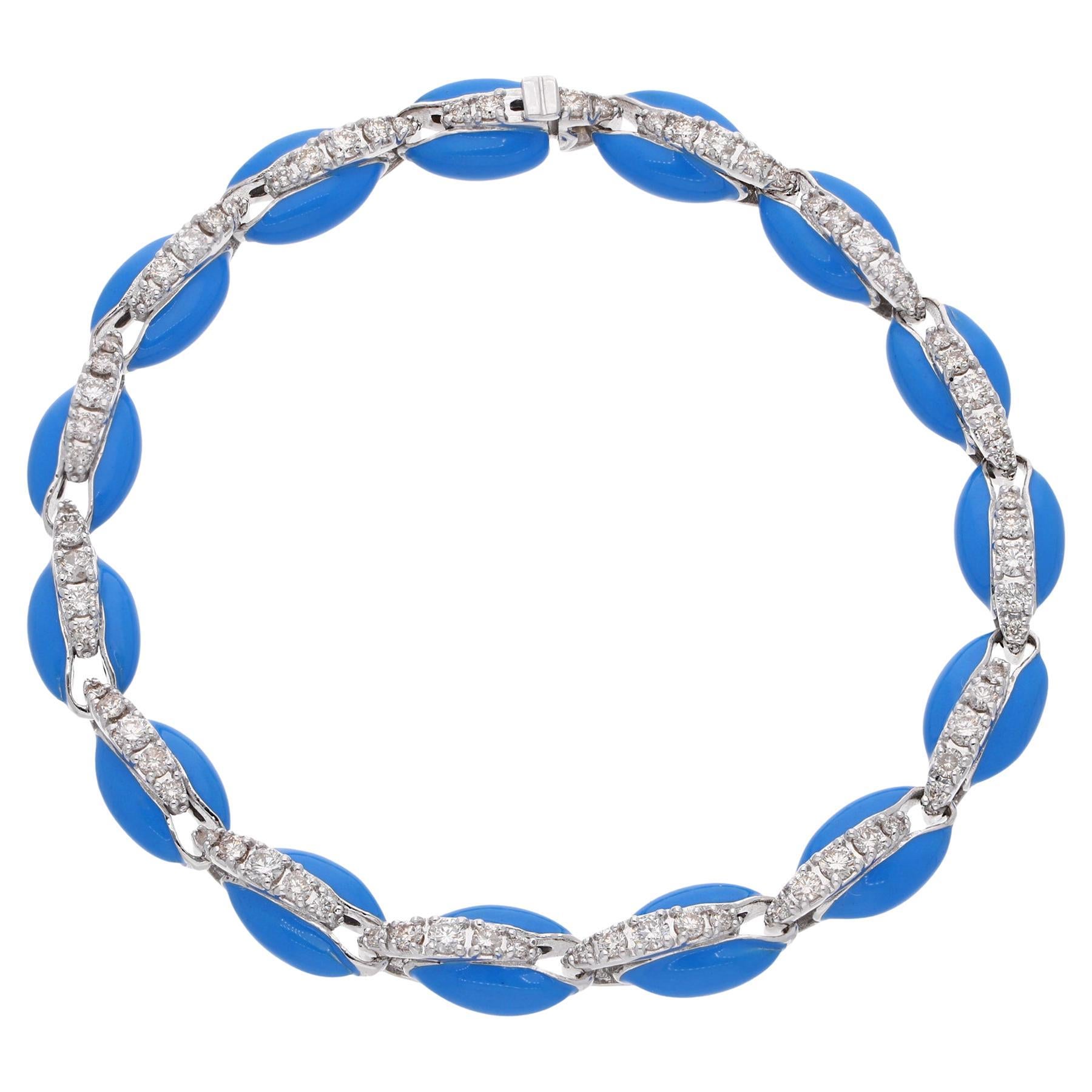 1.85 Carat Diamond Blue Enamel Cowrie Shell Bracelet 10 Karat White Gold Jewelry