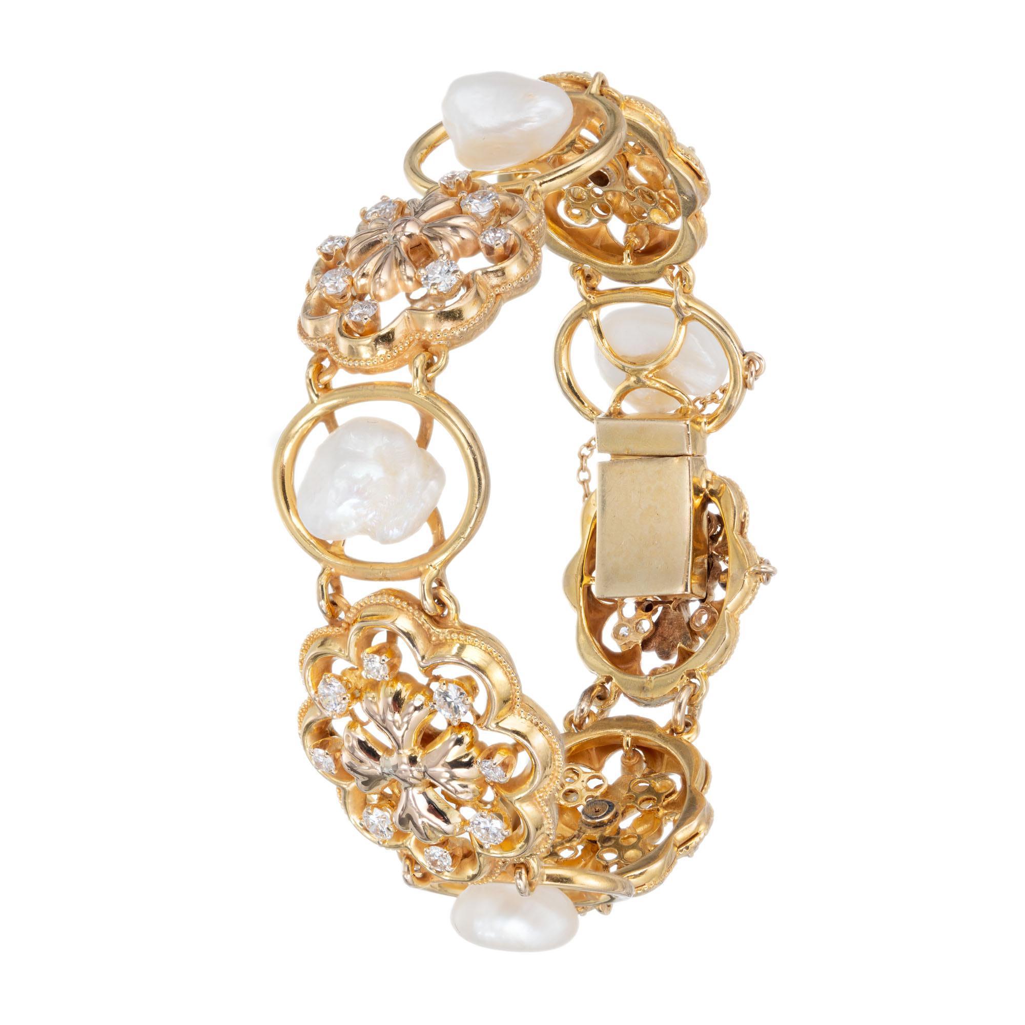 Women's 1.85 Carat Diamond Freshwater Pearl Victorian Revival Style Bracelet For Sale