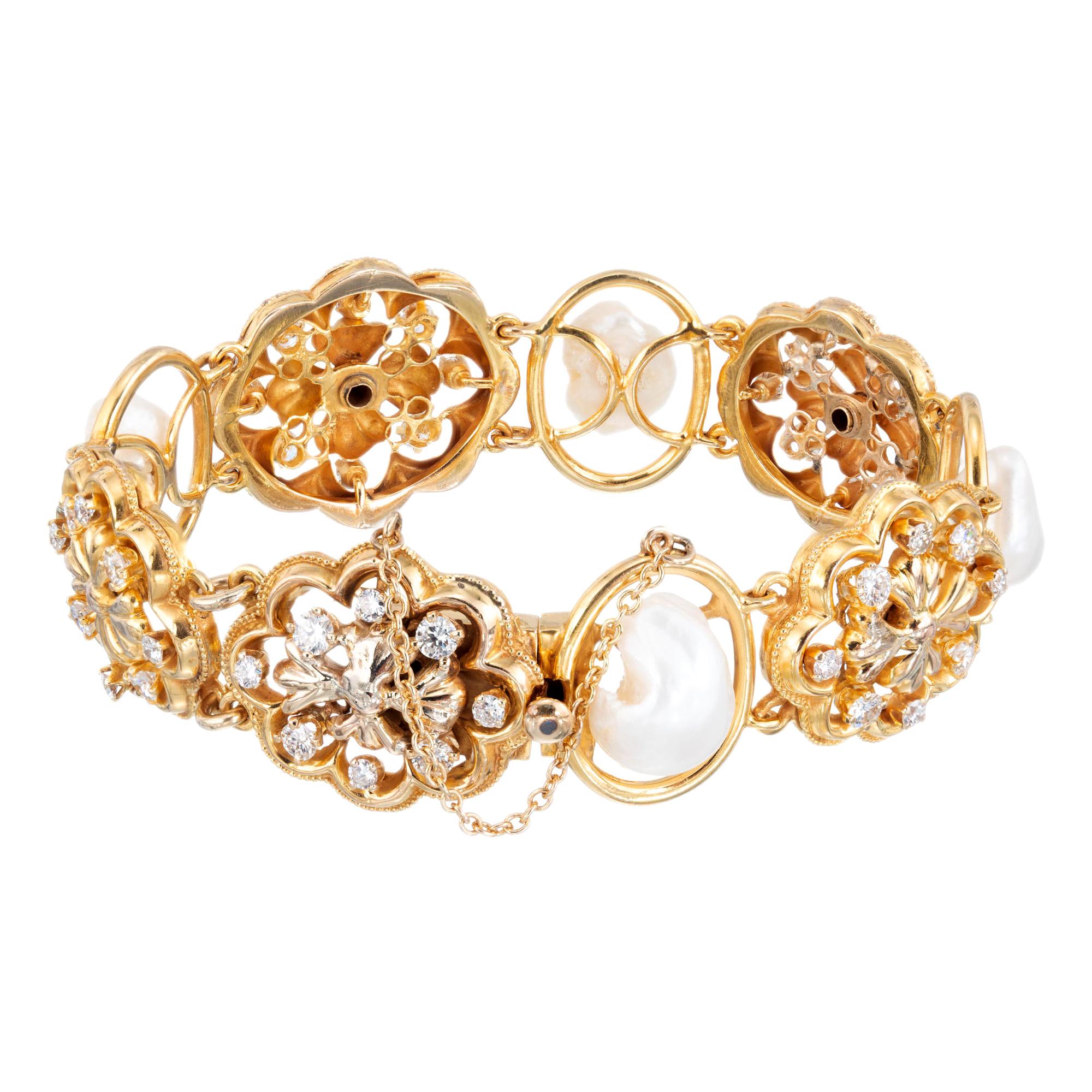 1.85 Carat Diamond Freshwater Pearl Victorian Revival Style Bracelet For Sale