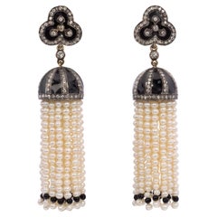 Antique 1.85 Carat Diamond Pearl Black Onyx Sautoir Edwardian Earrings in 18K Gold