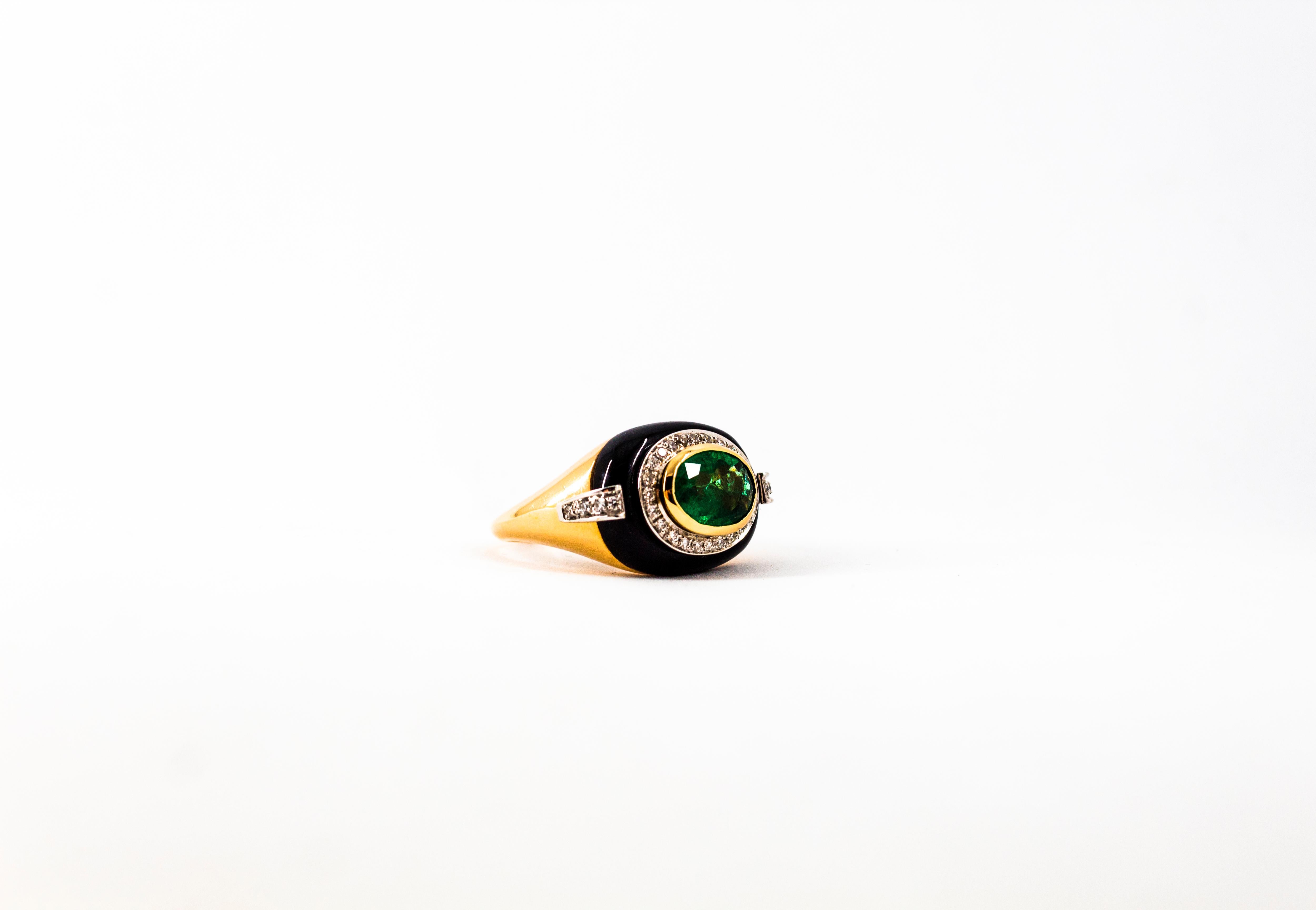 1.85 Carat Emerald 0.40 Carat White Diamond Onyx Yellow Gold Cocktail Ring 9