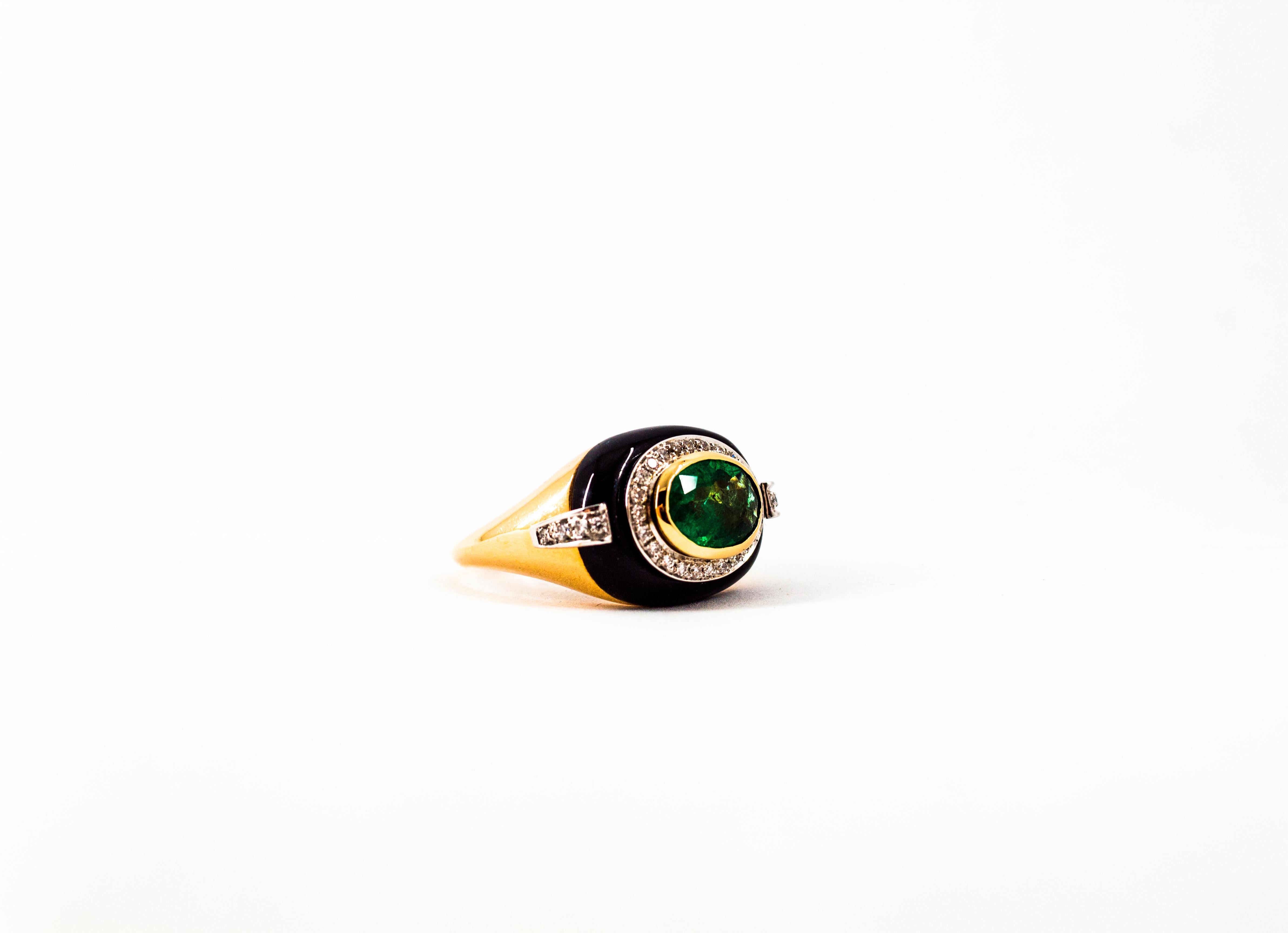 1.85 Carat Emerald 0.40 Carat White Diamond Onyx Yellow Gold Cocktail Ring 10