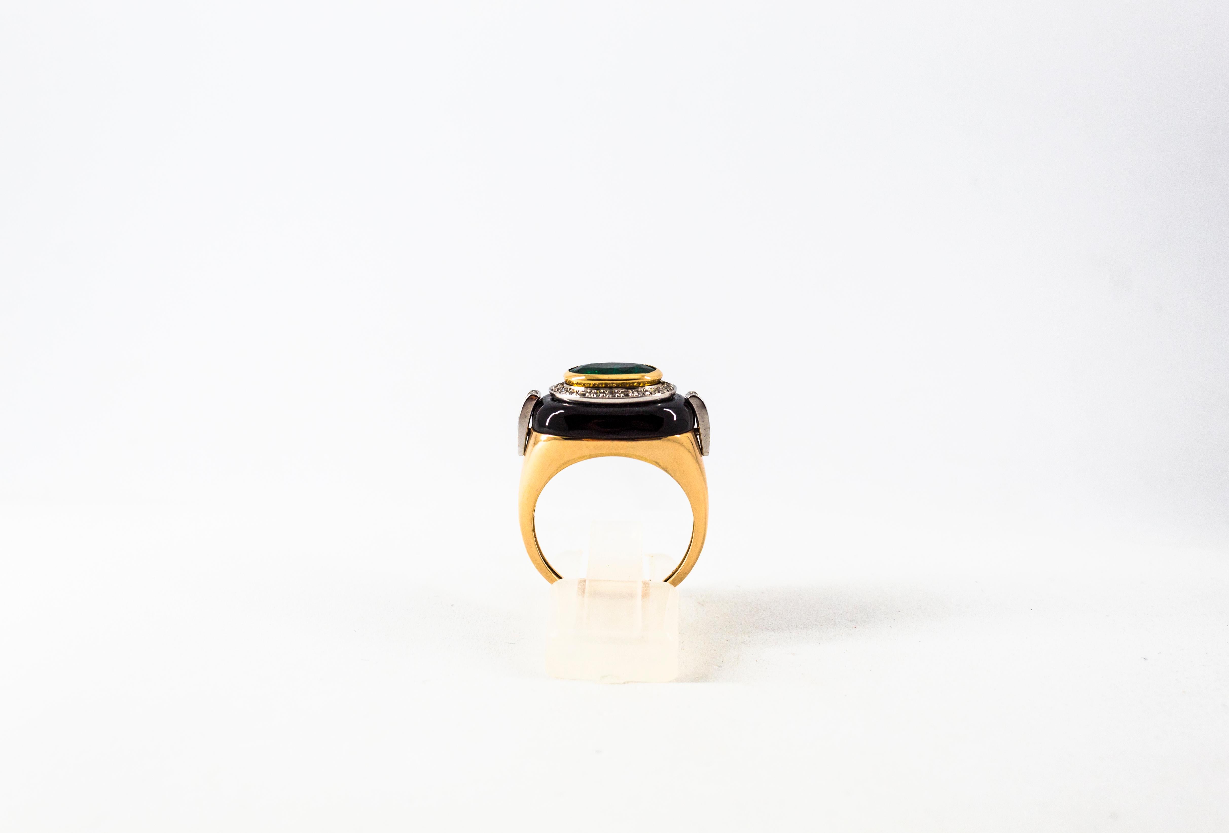 This Ring is made of 14K Yellow Gold.
This Ring has 0.40 Carats of White Diamonds.
This Ring has a 1.85 Carats Natural Zambia Emerald.
This Ring has Onyx.
This Ring is inspired by Renaissance Style and it is available also with Turquoise and