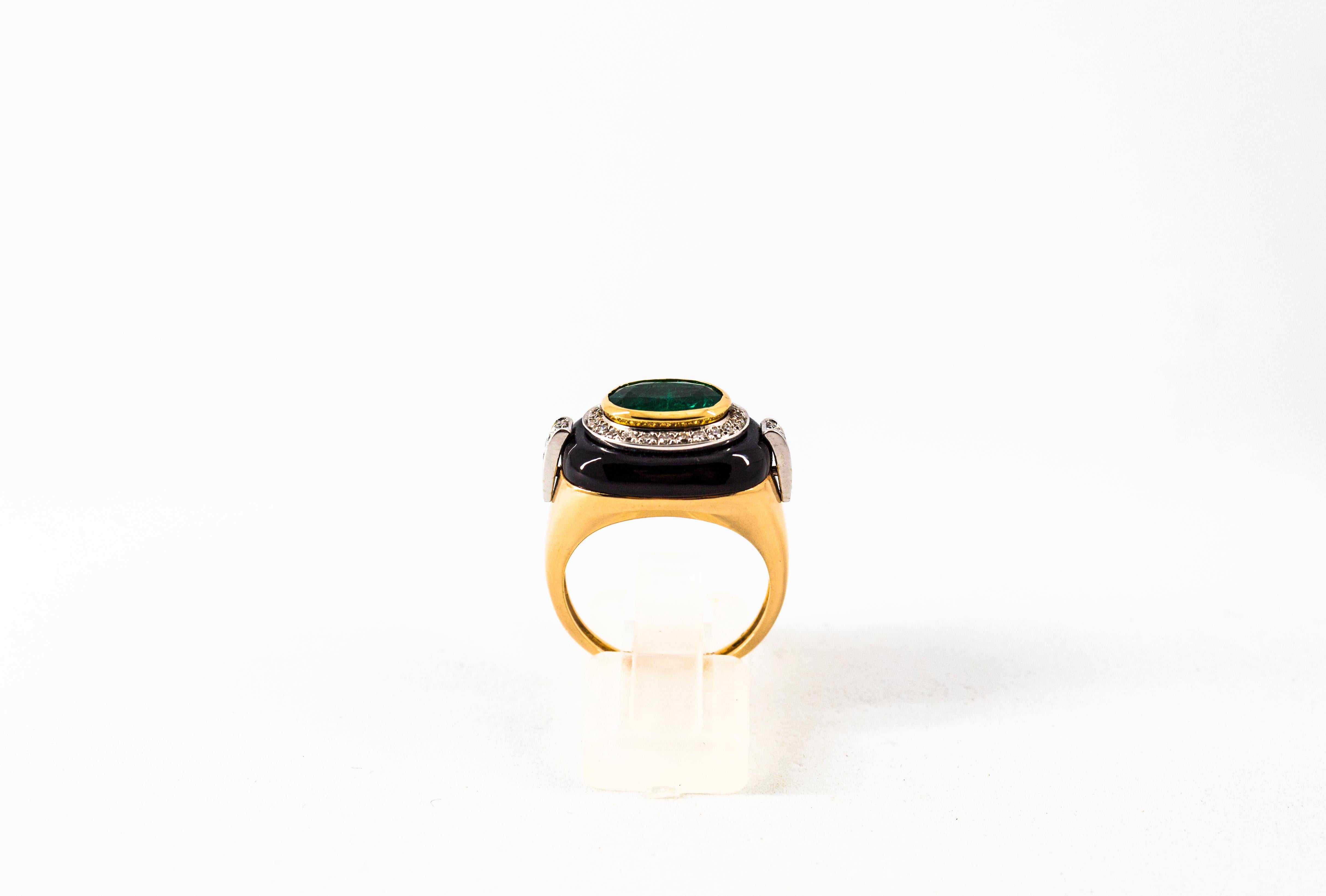 Renaissance 1.85 Carat Emerald 0.40 Carat White Diamond Onyx Yellow Gold Cocktail Ring