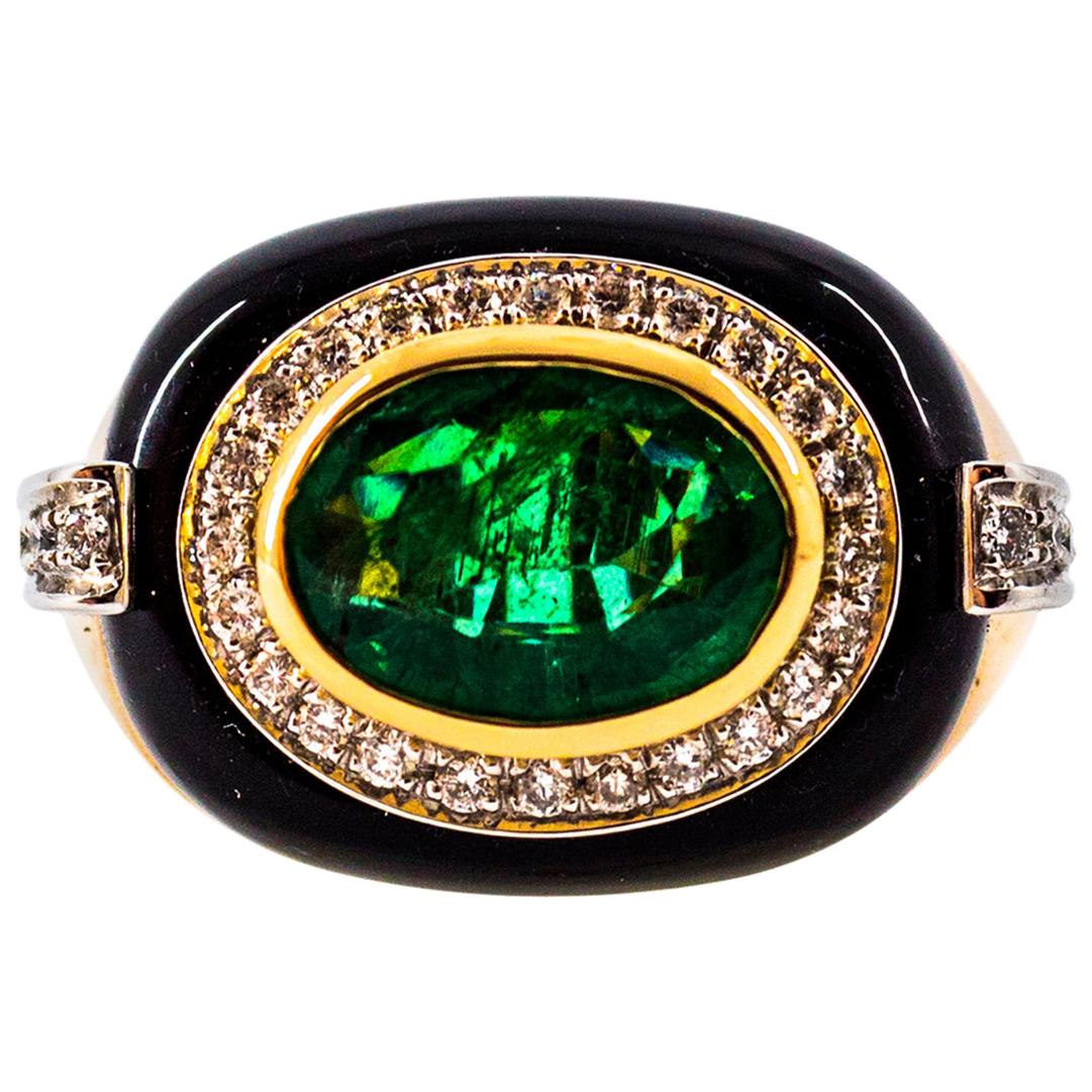 1.85 Carat Emerald 0.40 Carat White Diamond Onyx Yellow Gold Cocktail Ring