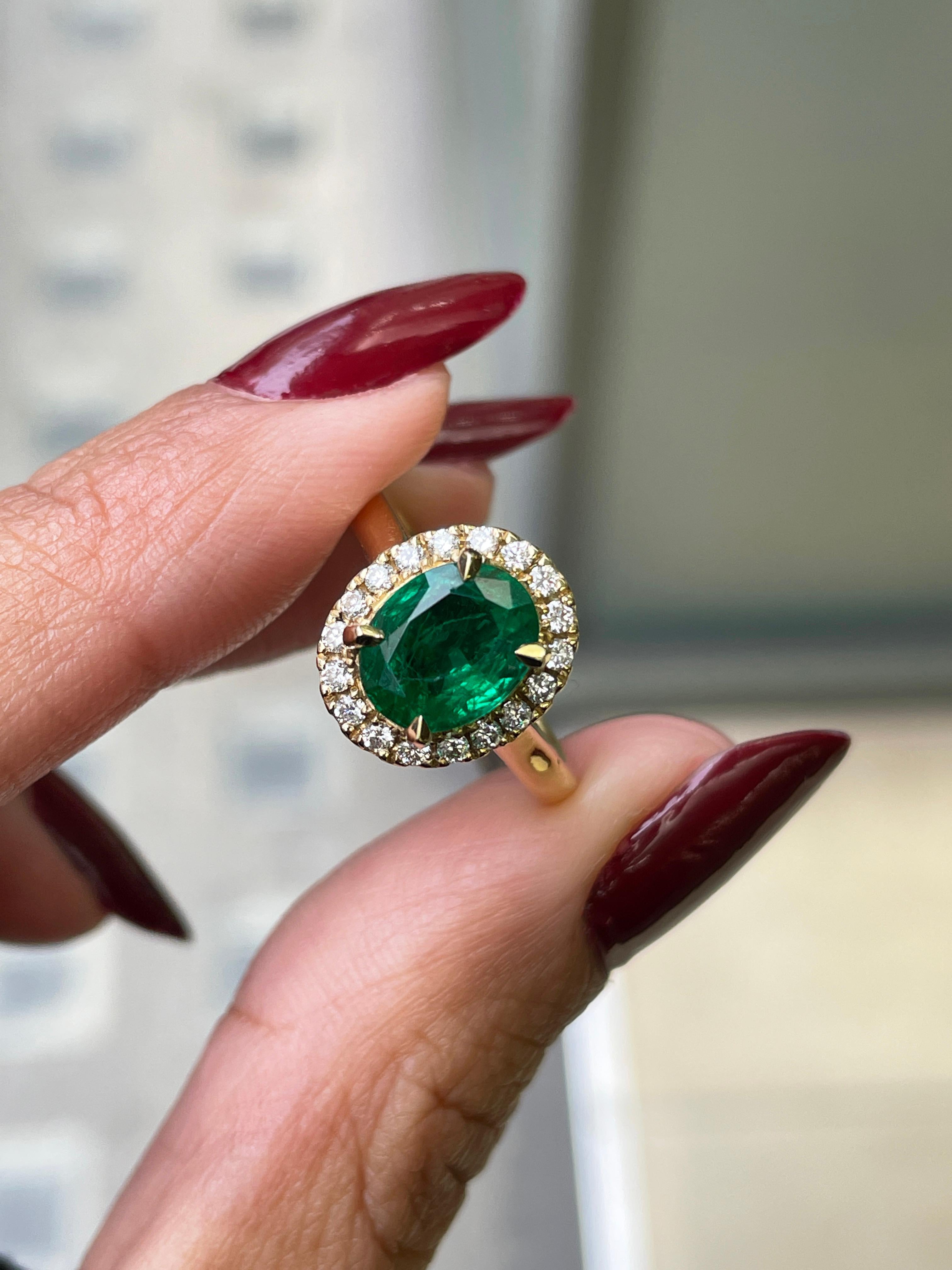 Oval Cut 1.85 Carat Emerald and Diamond 18 Carat Yellow Gold Cluster Engagement Ring For Sale