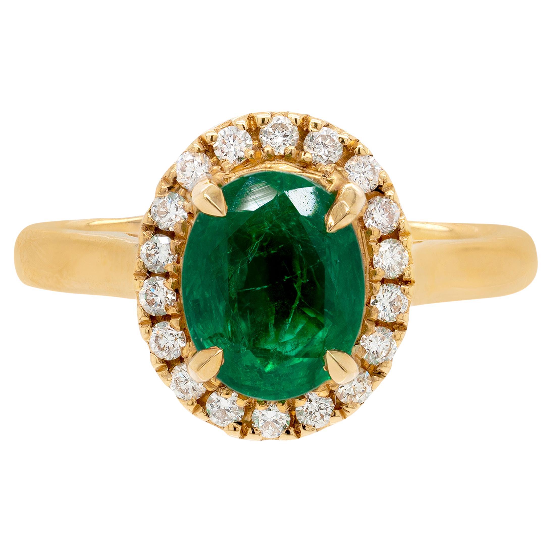 1.85 Carat Emerald and Diamond 18 Carat Yellow Gold Cluster Engagement Ring For Sale