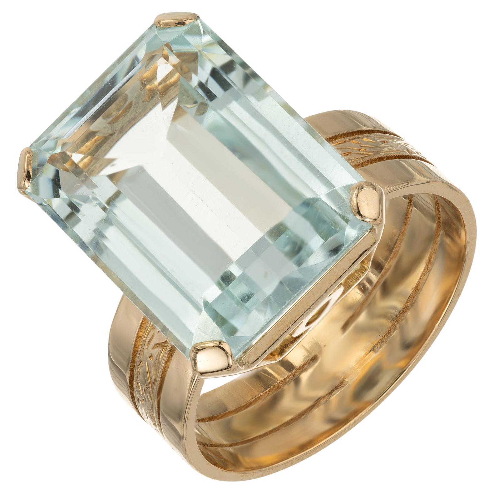 18.5 Carat Emerald Cut Aquamarine Yellow Gold Cocktail Ring