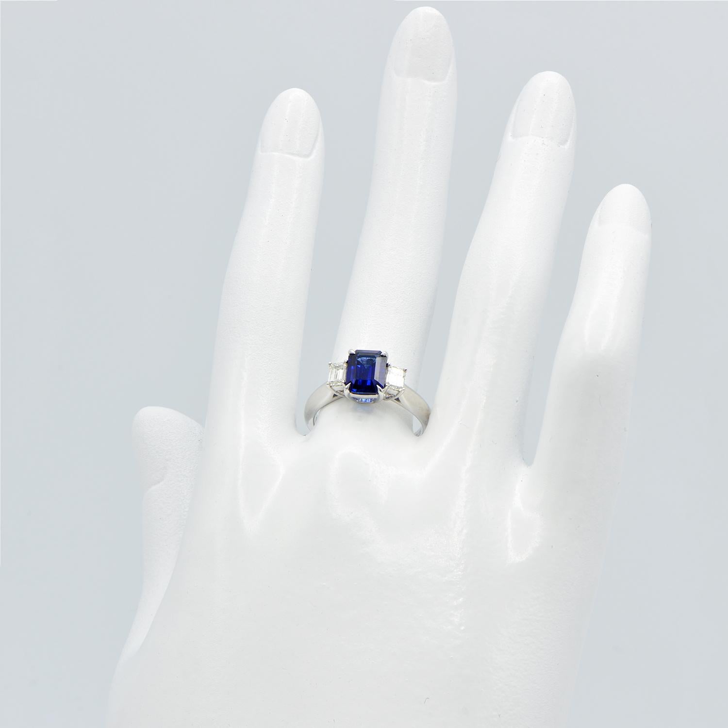 1.85 Carat Emerald Cut Sapphire Ring with Emerald Diamond Side Stones In New Condition In Great Neck, NY