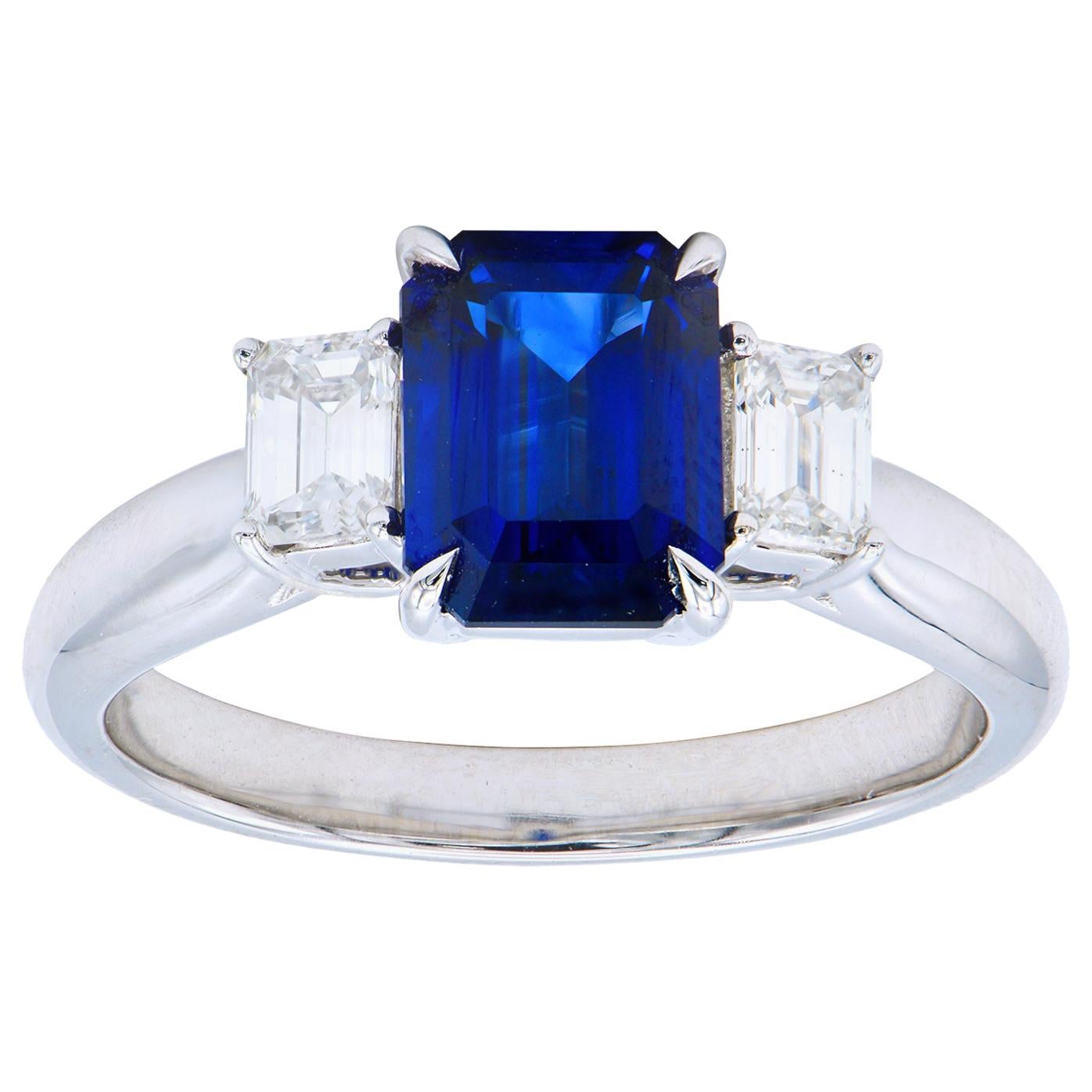 1.85 Carat Emerald Cut Sapphire Ring with Emerald Diamond Side Stones