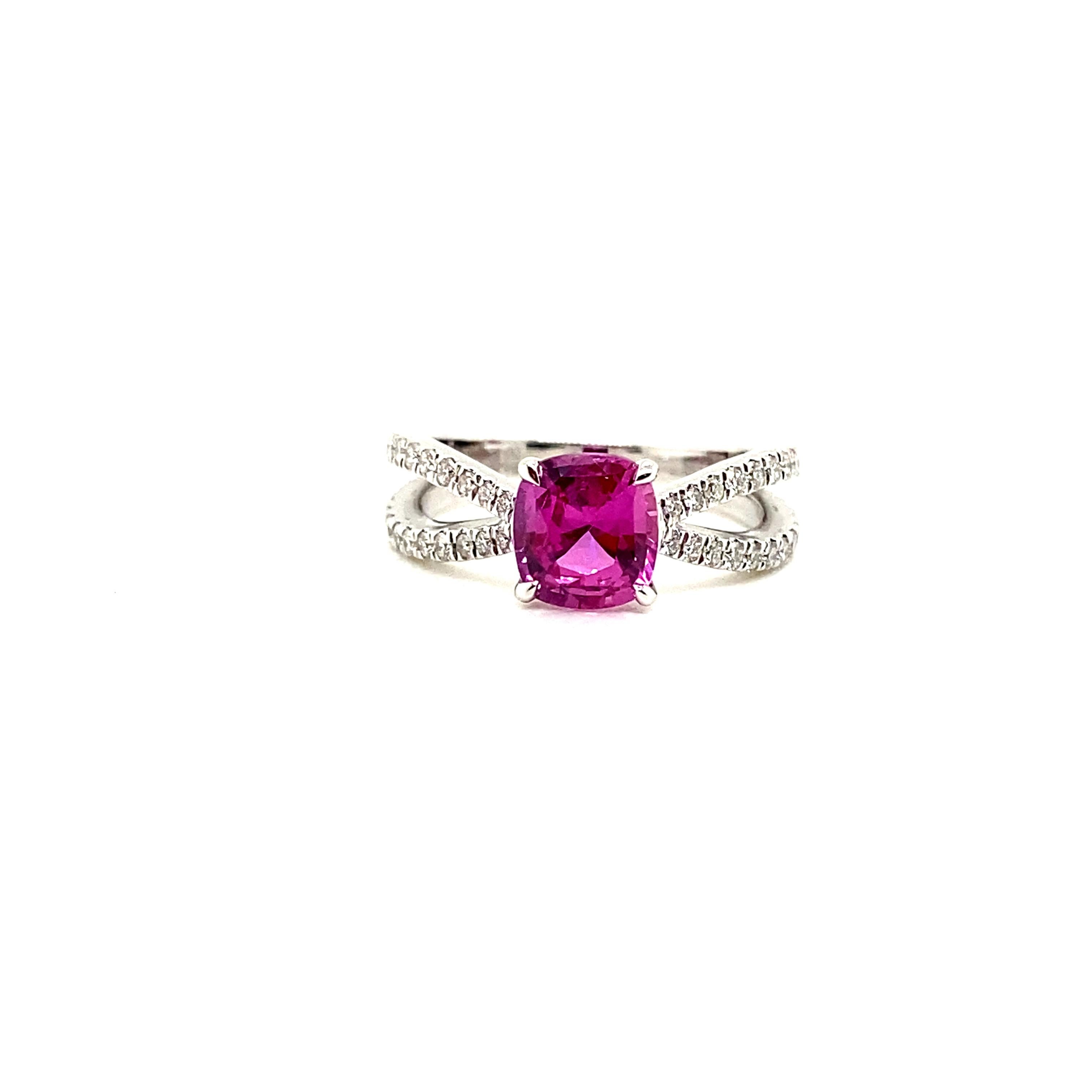 1.85 Carat GRS Certified Ceylon Vivid Pink Sapphire and Diamond Engagement Ring:

A gorgeous ring, it features a GRS certified cushion-cut vivid pink sapphire weighing weighing 1.85 carat, with white round brilliant-cut diamonds embellished on the