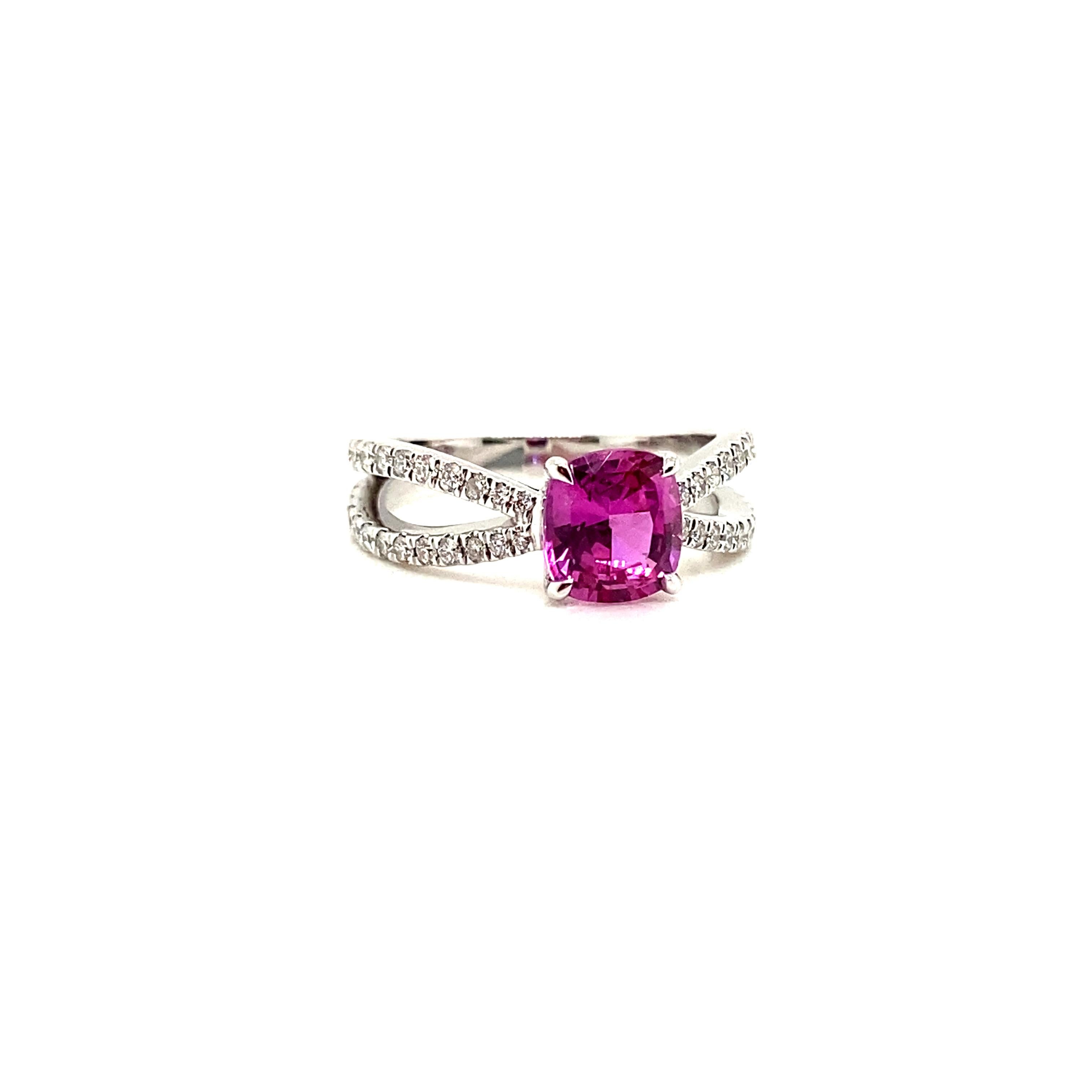 Cushion Cut 1.85 Carat GRS Certified Ceylon Vivid Pink Sapphire and Diamond Engagement Ring For Sale