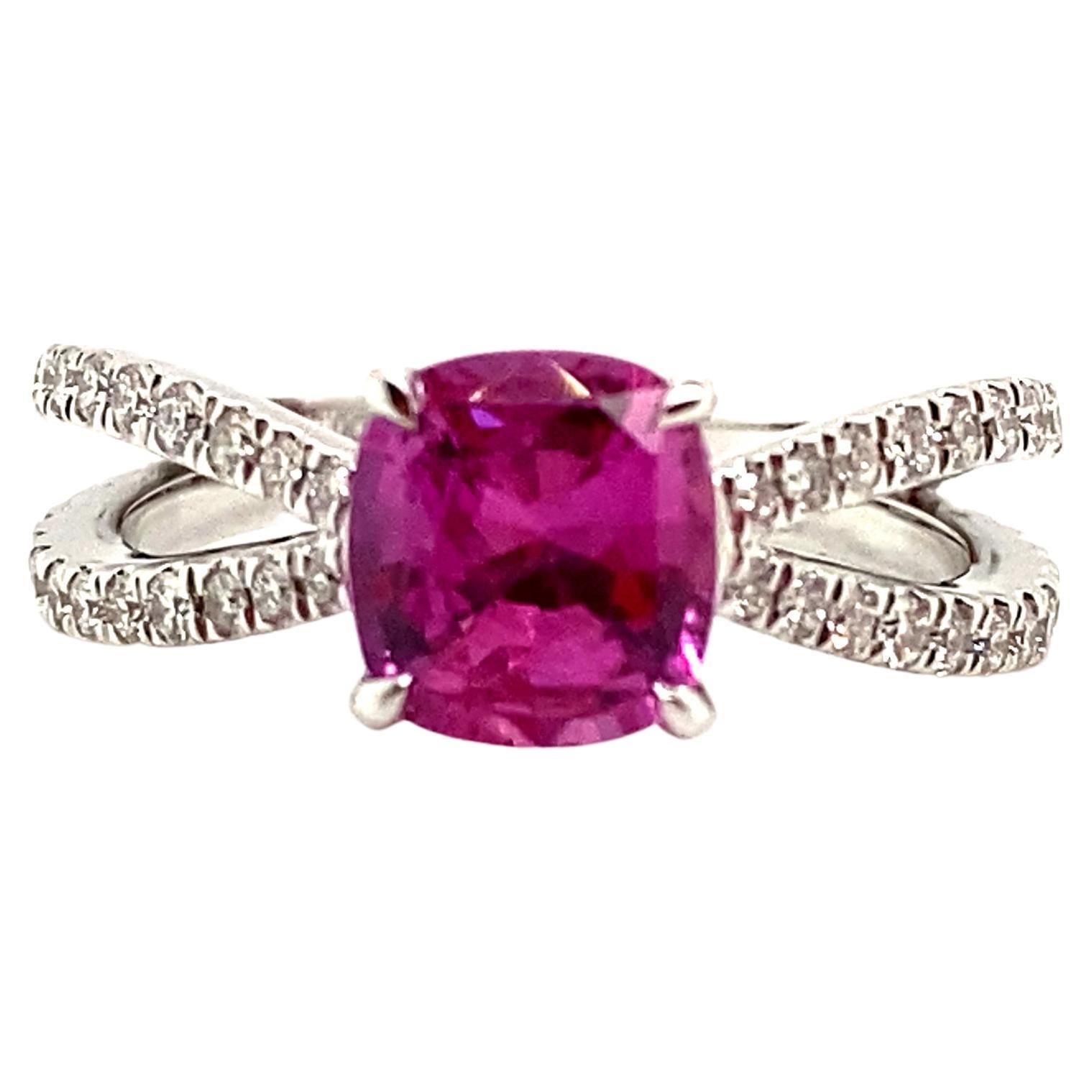 1.85 Carat GRS Certified Ceylon Vivid Pink Sapphire and Diamond Engagement Ring For Sale