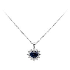1.85 Carat Heart Shape Blue Sapphire and Diamond Halo Pendant Necklace