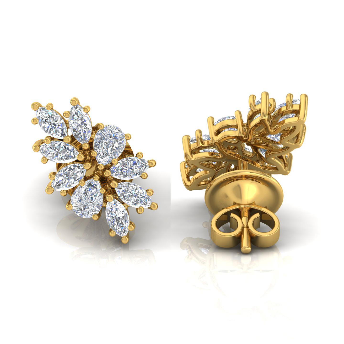 Women's 1.85 Carat Marquise Pear Diamond Earrings 18 Karat Yellow Gold Handmade Jewelry For Sale