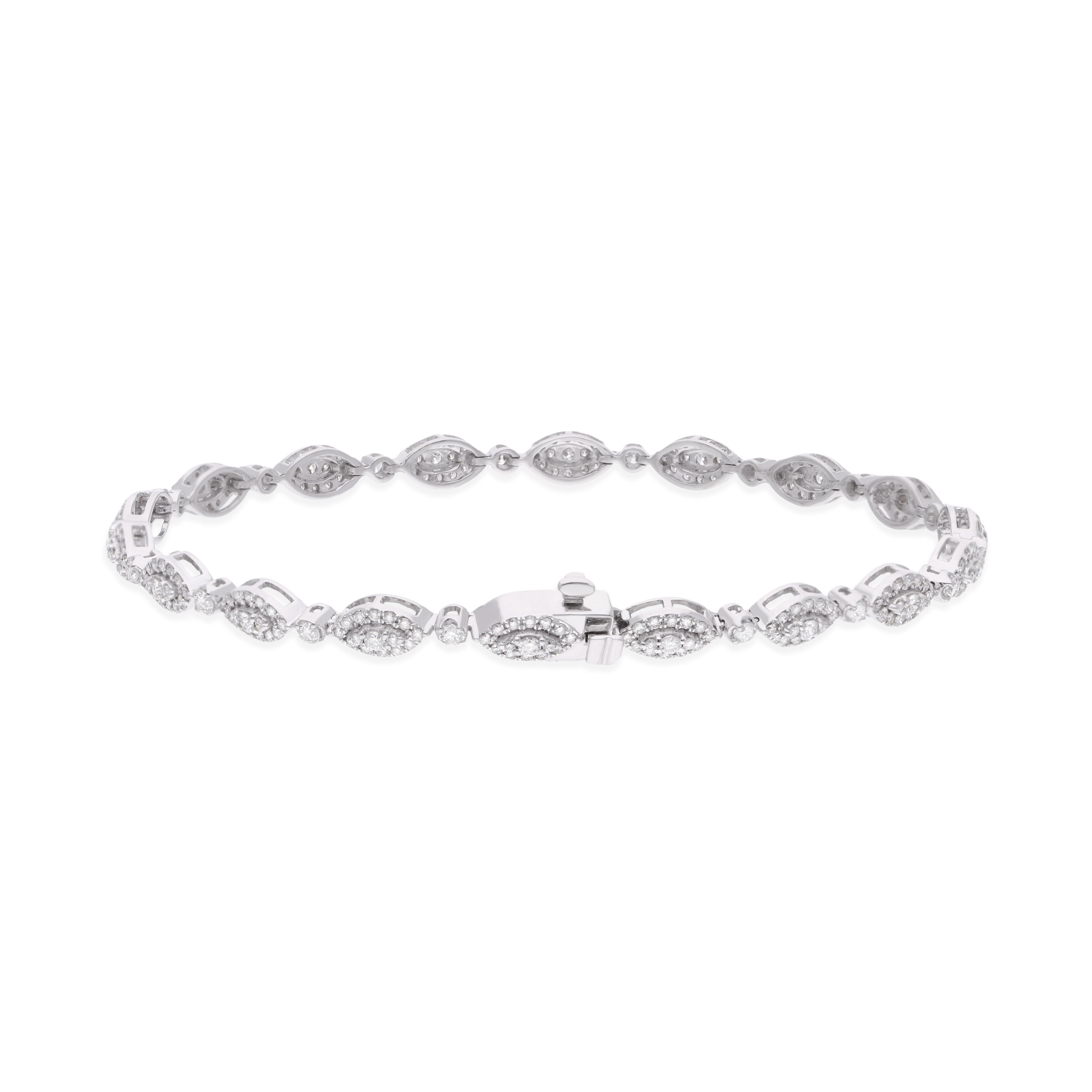 At the center of this enchanting piece lies the iconic Evil Eye charm, crafted with meticulous attention to detail. The Evil Eye, a symbol of protection and good fortune, is adorned with a mesmerizing arrangement of marquise and round-cut diamonds,