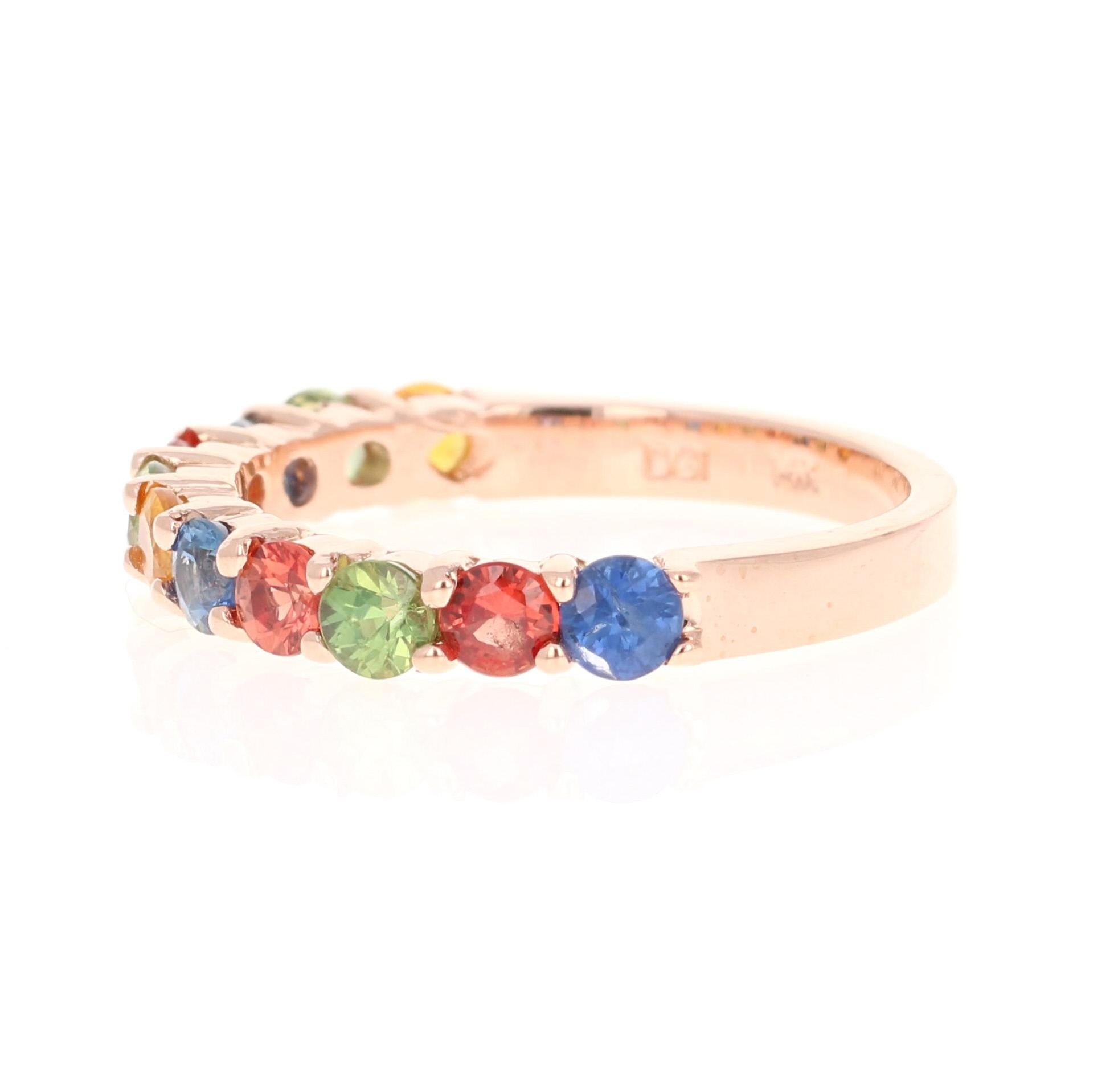 Round Cut 1.85 Carat Multicolored Sapphire 14 Karat Rose Gold Stackable Band