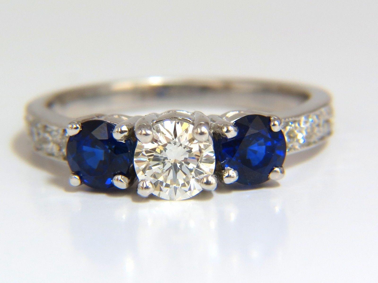 1.85 Carat Natural Blue Sapphire Diamonds Ring 14 Karat Classic Three Bead Set For Sale 2