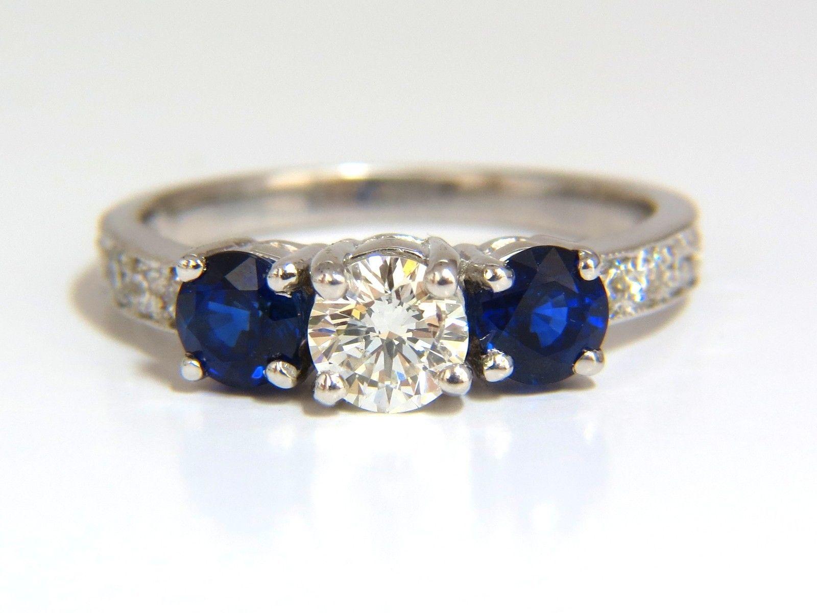 1.85 Carat Natural Blue Sapphire Diamonds Ring 14 Karat Classic Three Bead Set For Sale 3