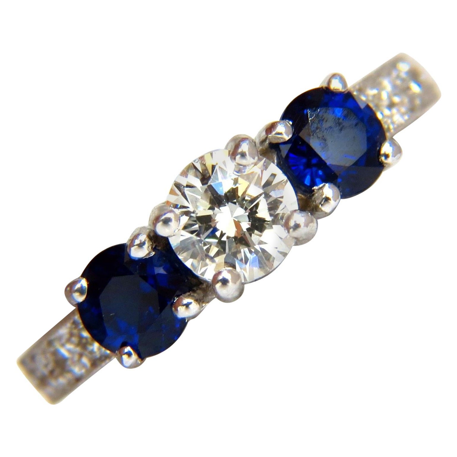 1.85 Carat Natural Blue Sapphire Diamonds Ring 14 Karat Classic Three Bead Set* For Sale