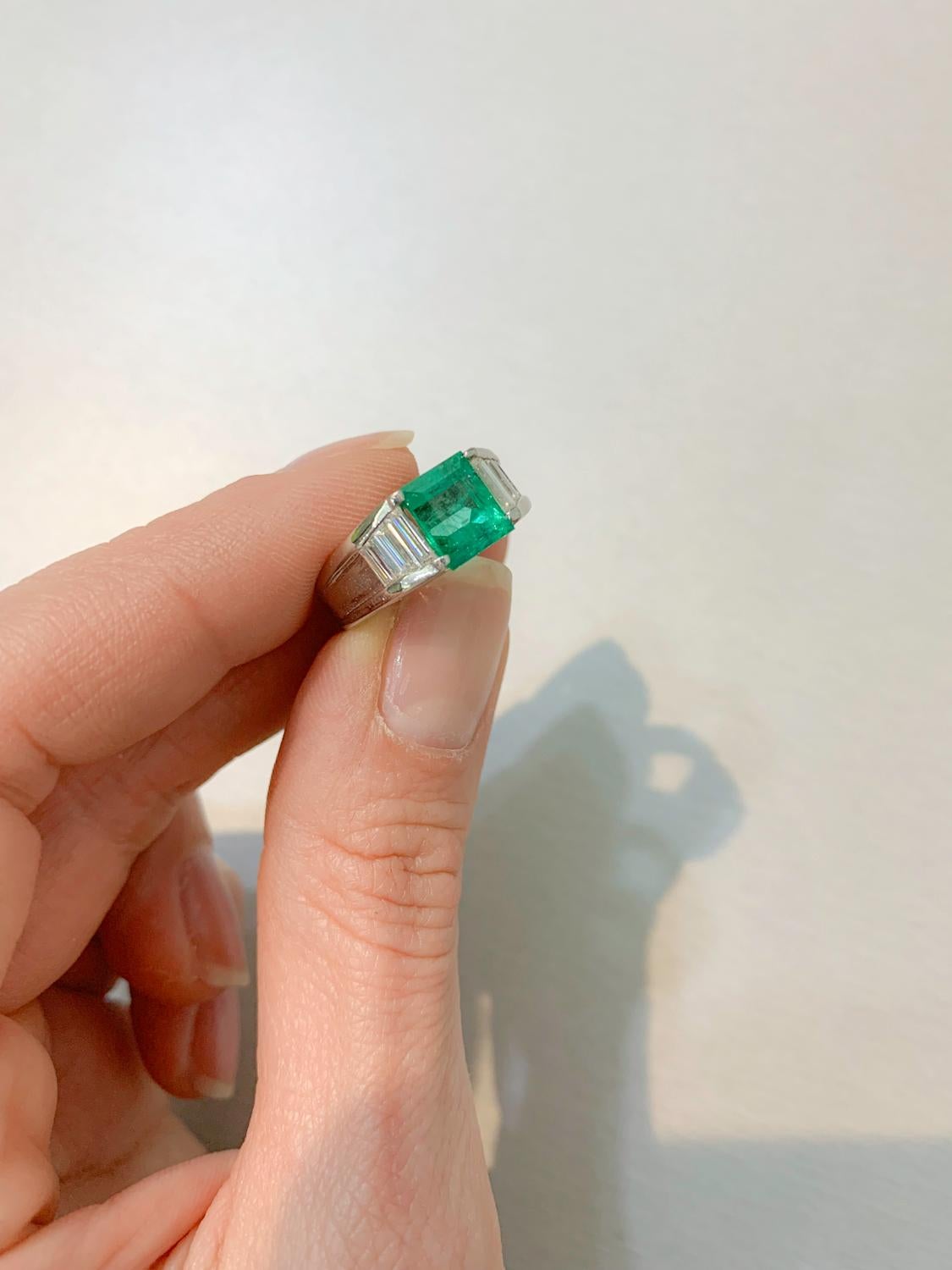 Emerald Cut 1.85 Carat Natural Columbian Emerald Platinum Ring  For Sale