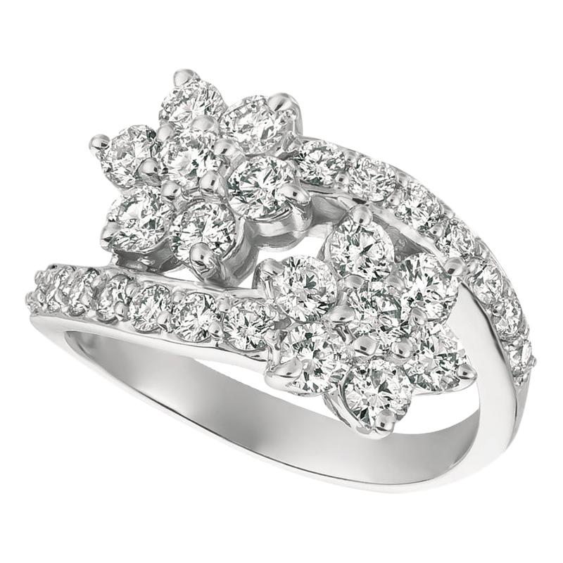 1.85 Carat Natural Diamond Double Flower Ring G SI 14 Karat White Gold For Sale
