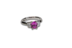 1.85 Carat Natural Pink Sapphire with 0.45 Carat Diamonds Three-Stone Ring