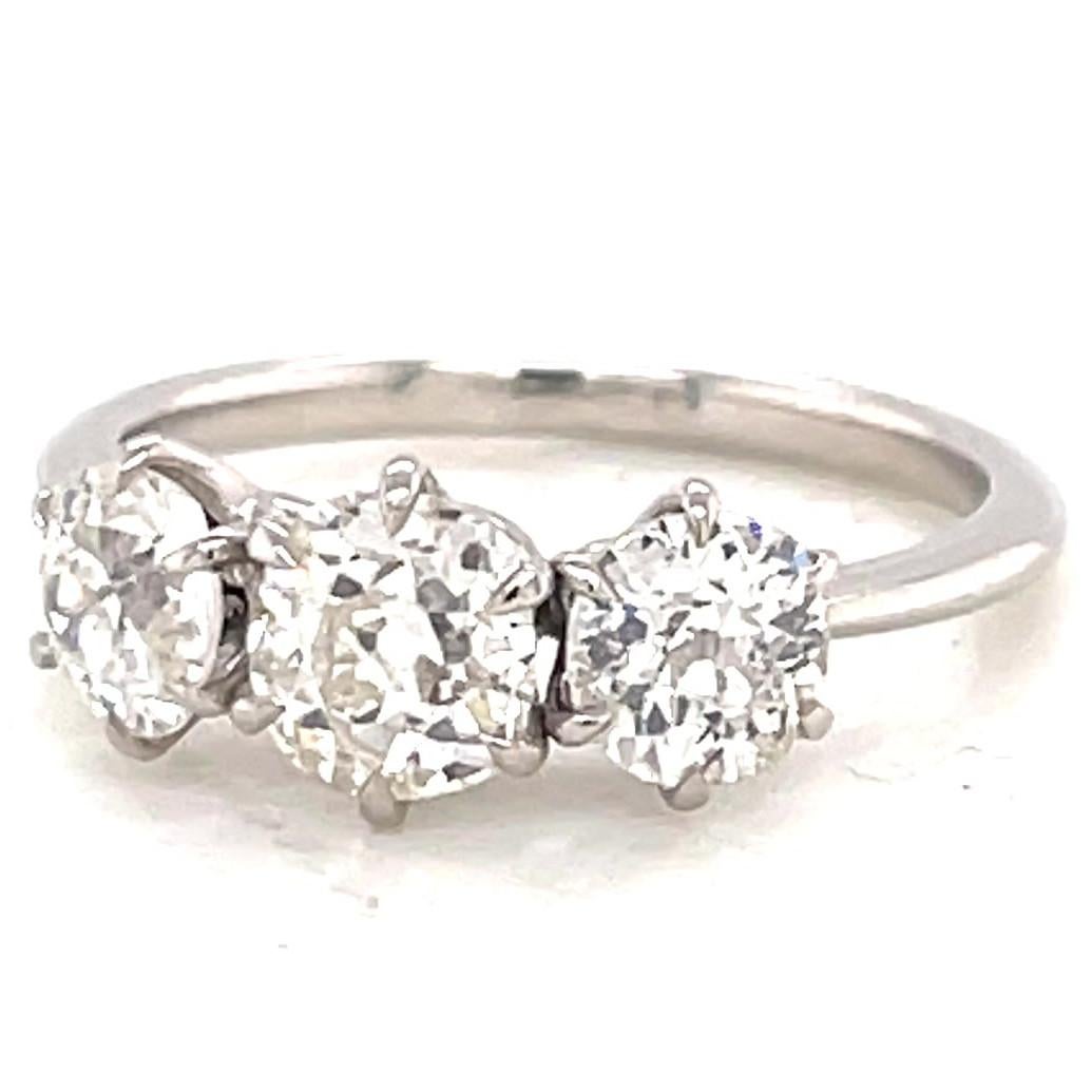 1.85 Carat Old Mine Cut Diamond Platinum Three Stone Ring In New Condition In Beverly Hills, CA