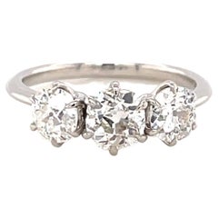 1.85 Carat Old Mine Cut Diamond Platinum Three Stone Ring