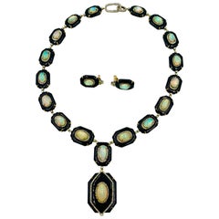185 Carat Opal Diamond Black Onyx Necklace Earrings 18 Karat Gold