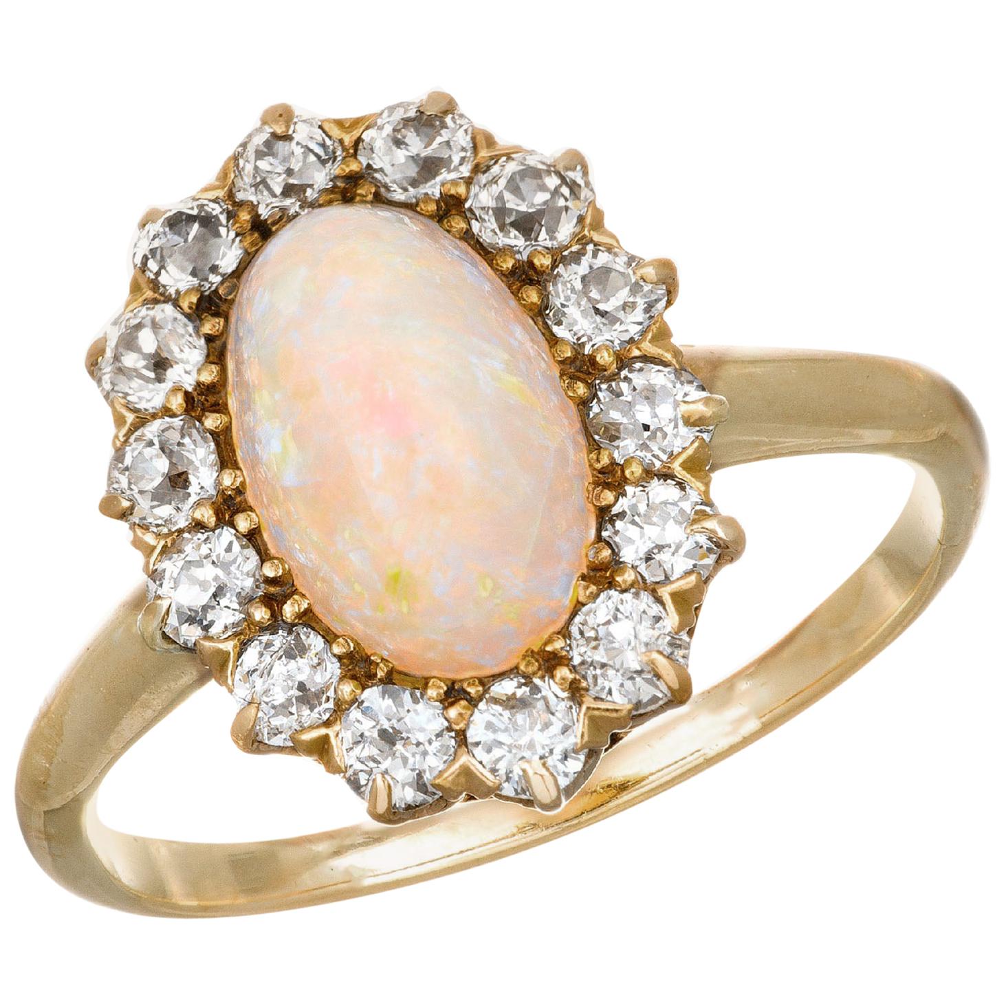 1.85 Carat Opal Diamond Halo Yellow Gold Engagement Ring