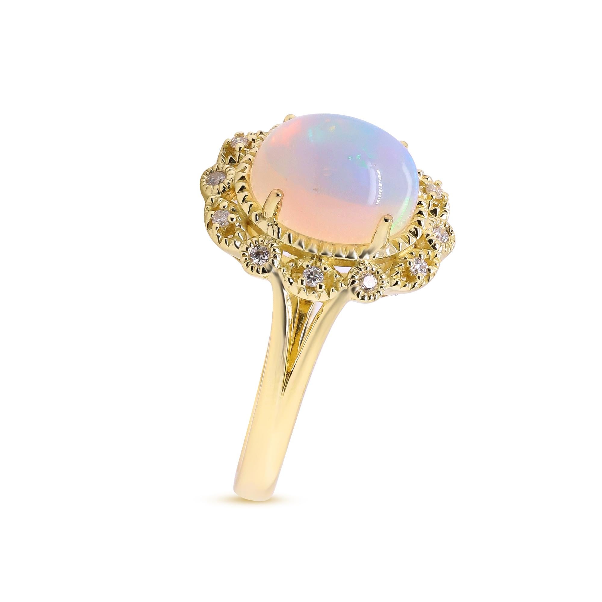 Stunning, timeless and classy eternity Unique Ring. Decorate yourself in luxury with this Gin & Grace Ring. The 10k Yellow Gold jewelry boasts Oval Cab Prong Setting Genuine Ethiopian Opal (1 pcs) 1.85 Carat, along with Natural Round cut white