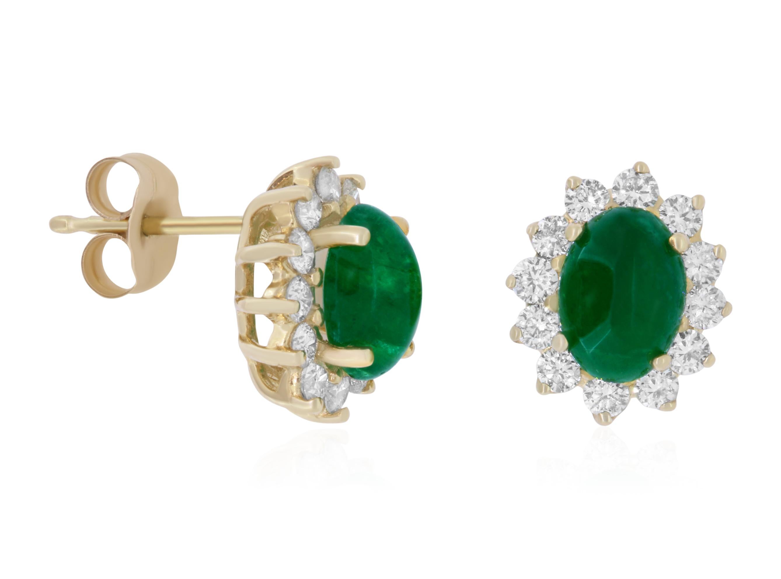 Material: 14k Yellow Gold 
Stone Details: 2 Oval Cut Cabochon Emeralds at 1.85 Carats Total
Mounting Stone Details: 24 Round White Diamonds at 0.60 Carats. Clarity: SI / Color: H-I

Fine one-of-a-kind craftsmanship meets incredible quality in this