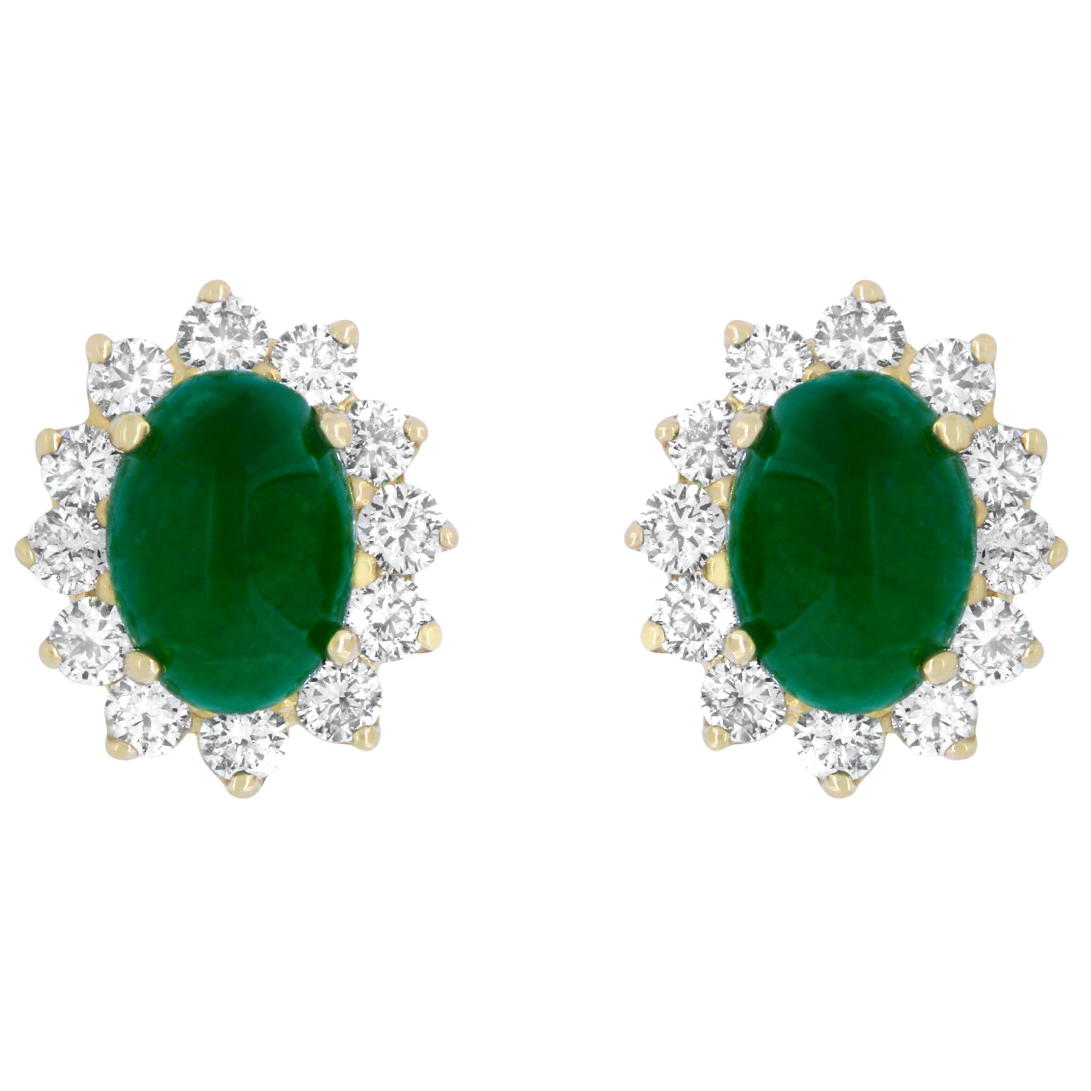 Oval Cabochon Emerald and White Diamond Stud Earring in Yellow Gold