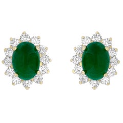 Oval Cabochon Emerald and White Diamond Stud Earring in Yellow Gold