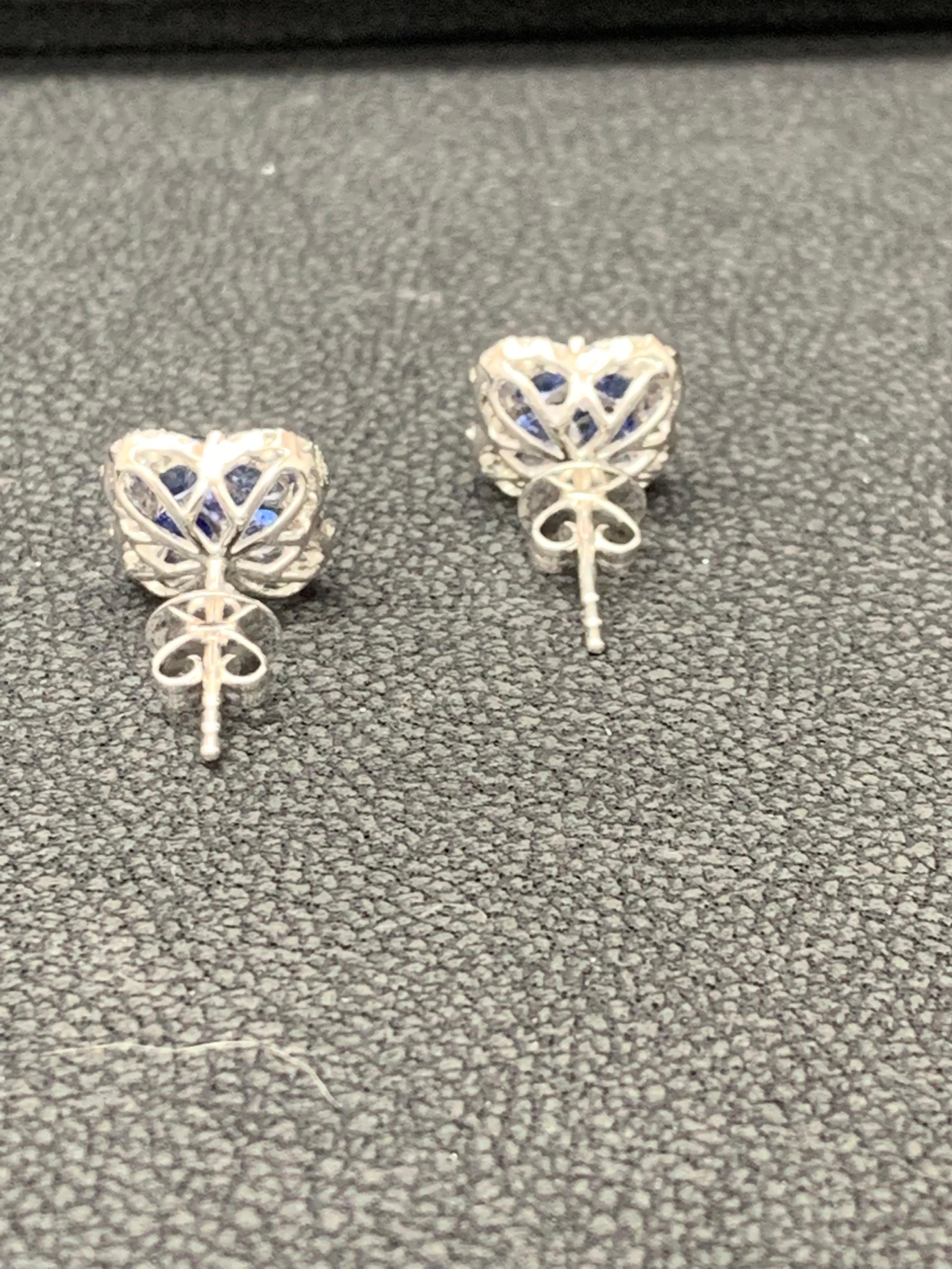 Women's 1.85 Carat Oval Cut Blue Sapphire and Diamond Stud Earrings in 18K White Gold